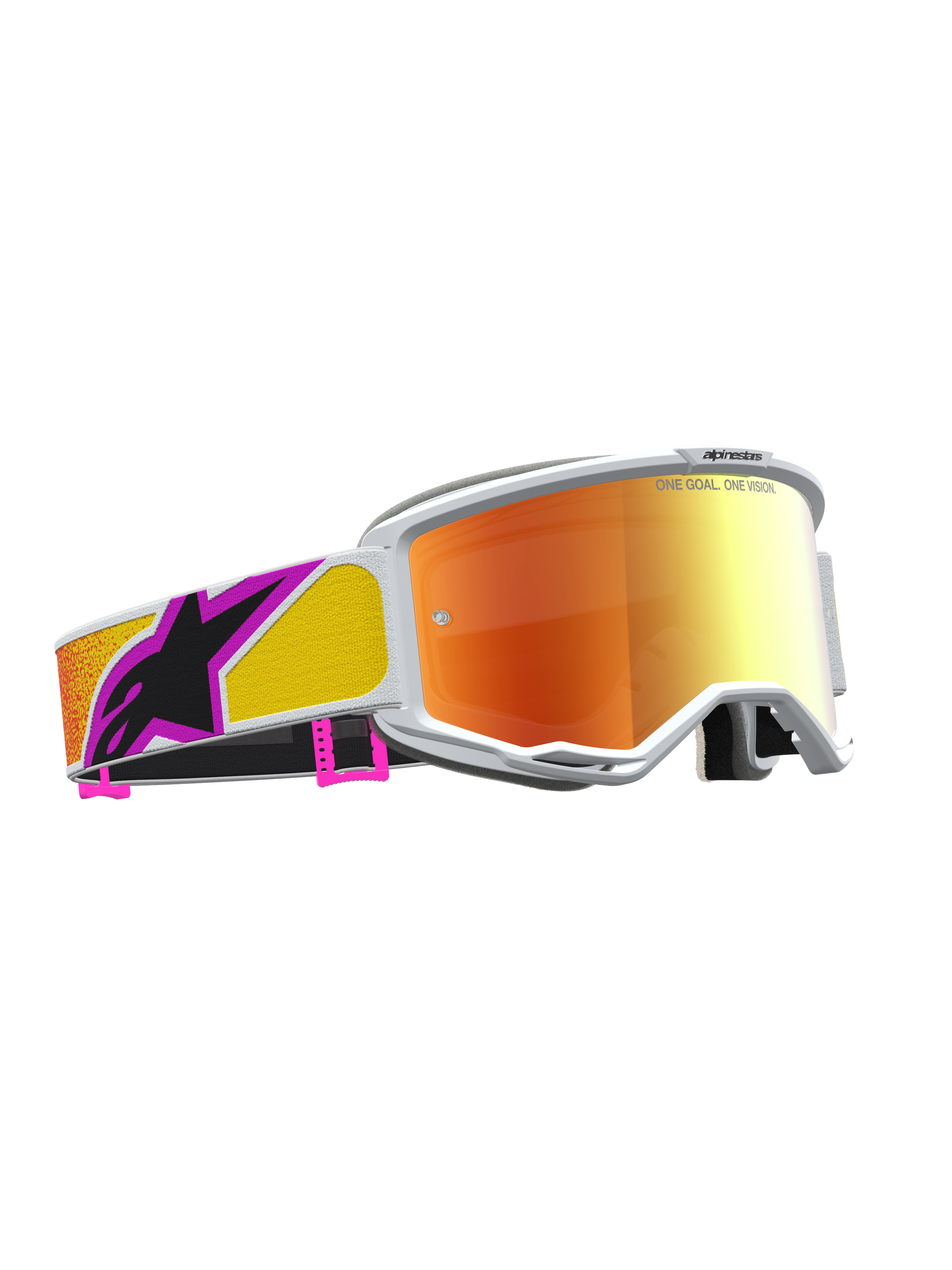 Alpinestars Vision 5 Drag Goggles, Motocross Racing, Orange and Red Mirrored Lens, White frame, flexible A-FLEX construction.