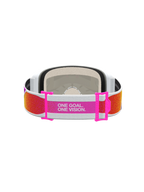 Alpinestars Vision 5 Drag Motocross Goggles, orange and pink adjustable strap with brand manifesto slogan, rear view.