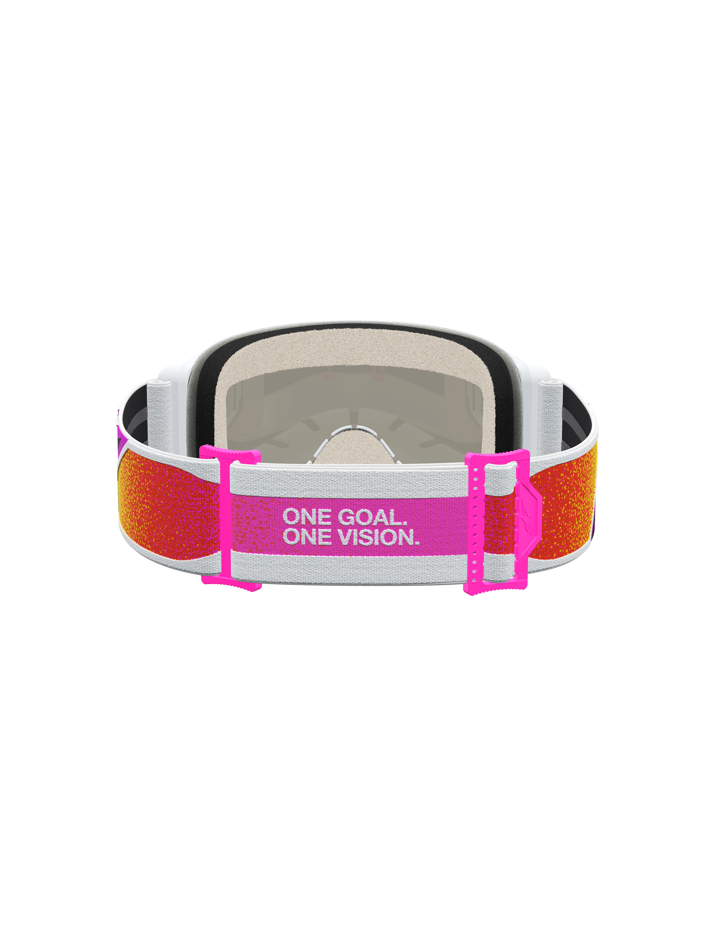 Alpinestars Vision 5 Drag Motocross Goggles, orange and pink adjustable strap with brand manifesto slogan, rear view.