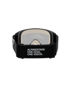 Alpinestars Vision 5 Corp Goggles, Motocross Goggles, Rear View, featuring black woven strap with white 'ALPINESTARS ONE GOAL. ONE VISION.' slogan, 17mm multi-layer face foam, silver mirror lens visible from the interior, designed for secure fit and off-road performance