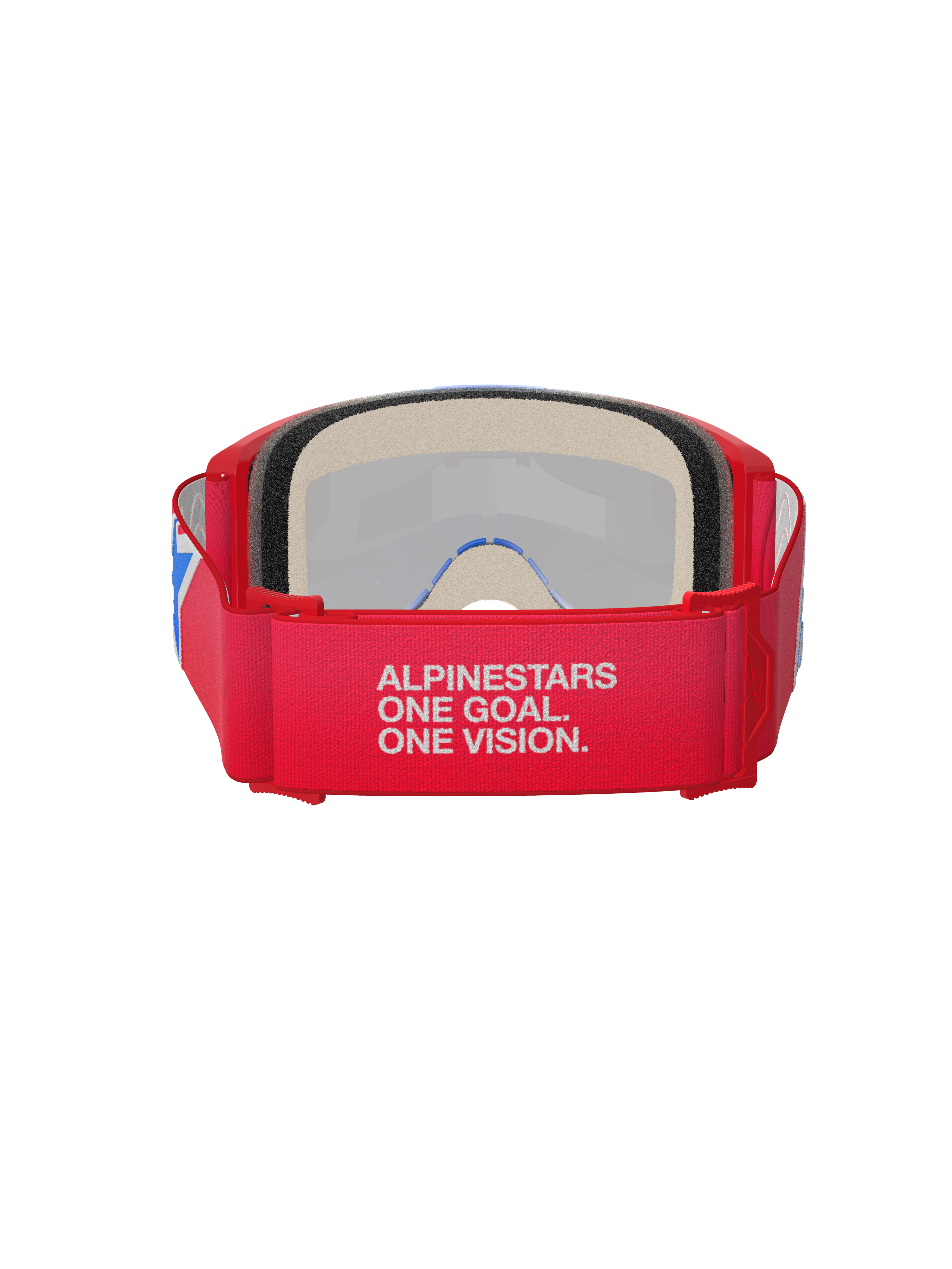 Alpinestars Vision 5 Corp Goggles, Motocross Goggles, Red and White, rear view showing wide strap with 'Alpinestars One Goal. One Vision.' slogan, thick face foam, and red frame