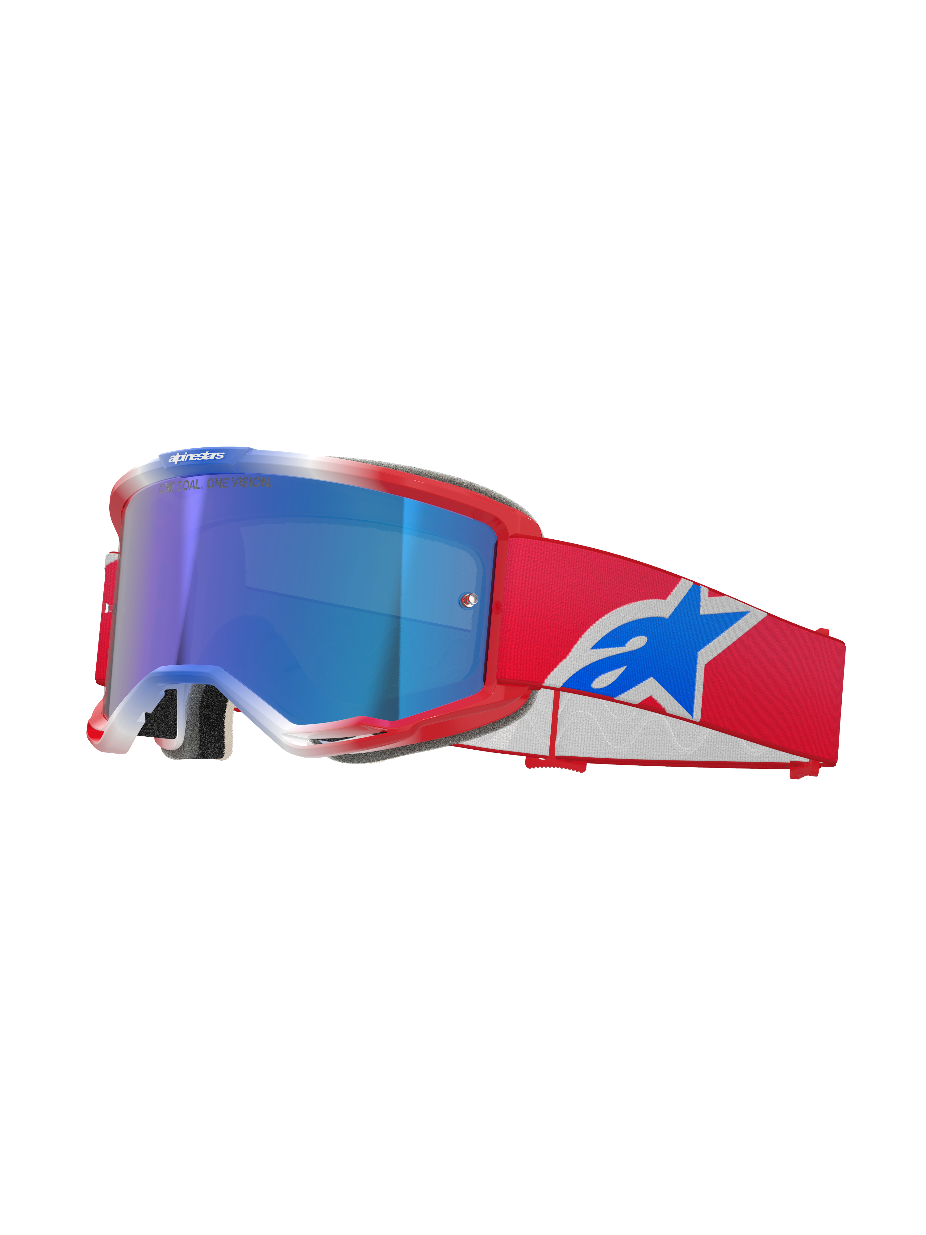 Alpinestars Vision 5 Corp Goggles, Motocross Goggles, Red White and Blue, Blue Mirror lens, red strap with blue Alpinestars logo, flexible red frame with white accents, protective eyewear for off-road riding