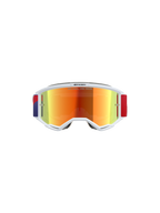 Alpinestars Vision 5 Corp Goggles, motocrossglasögon, vit ram med Purple Mirror Red-tonad lins, justerbart rött och lila band, med texten 'ONE GOAL. ONE VISION.' på linsen, högpresterande skyddsglasögon för terrängkörning