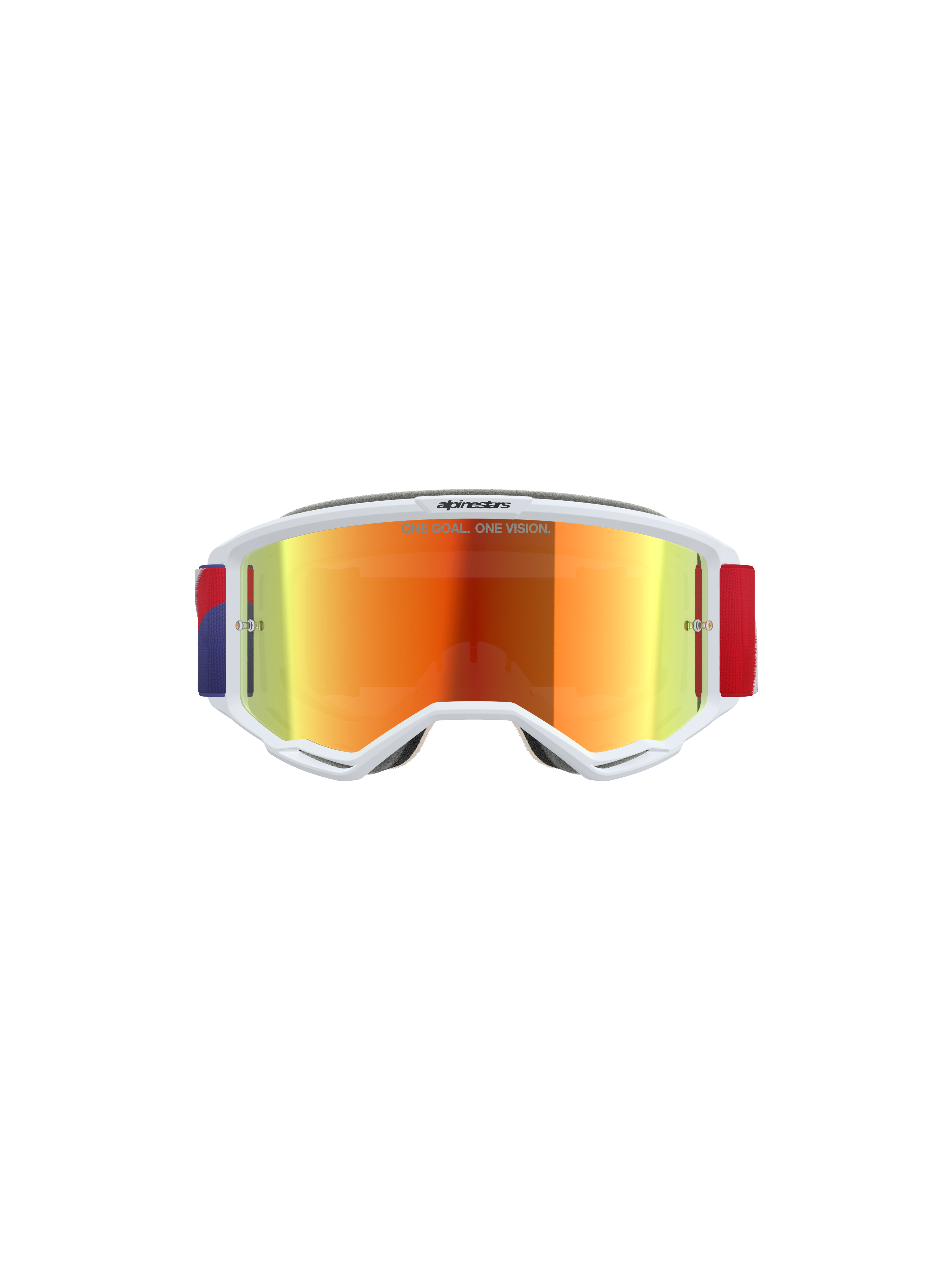 Alpinestars Vision 5 Corp Goggles, motocrossglasögon, vit ram med Purple Mirror Red-tonad lins, justerbart rött och lila band, med texten 'ONE GOAL. ONE VISION.' på linsen, högpresterande skyddsglasögon för terrängkörning