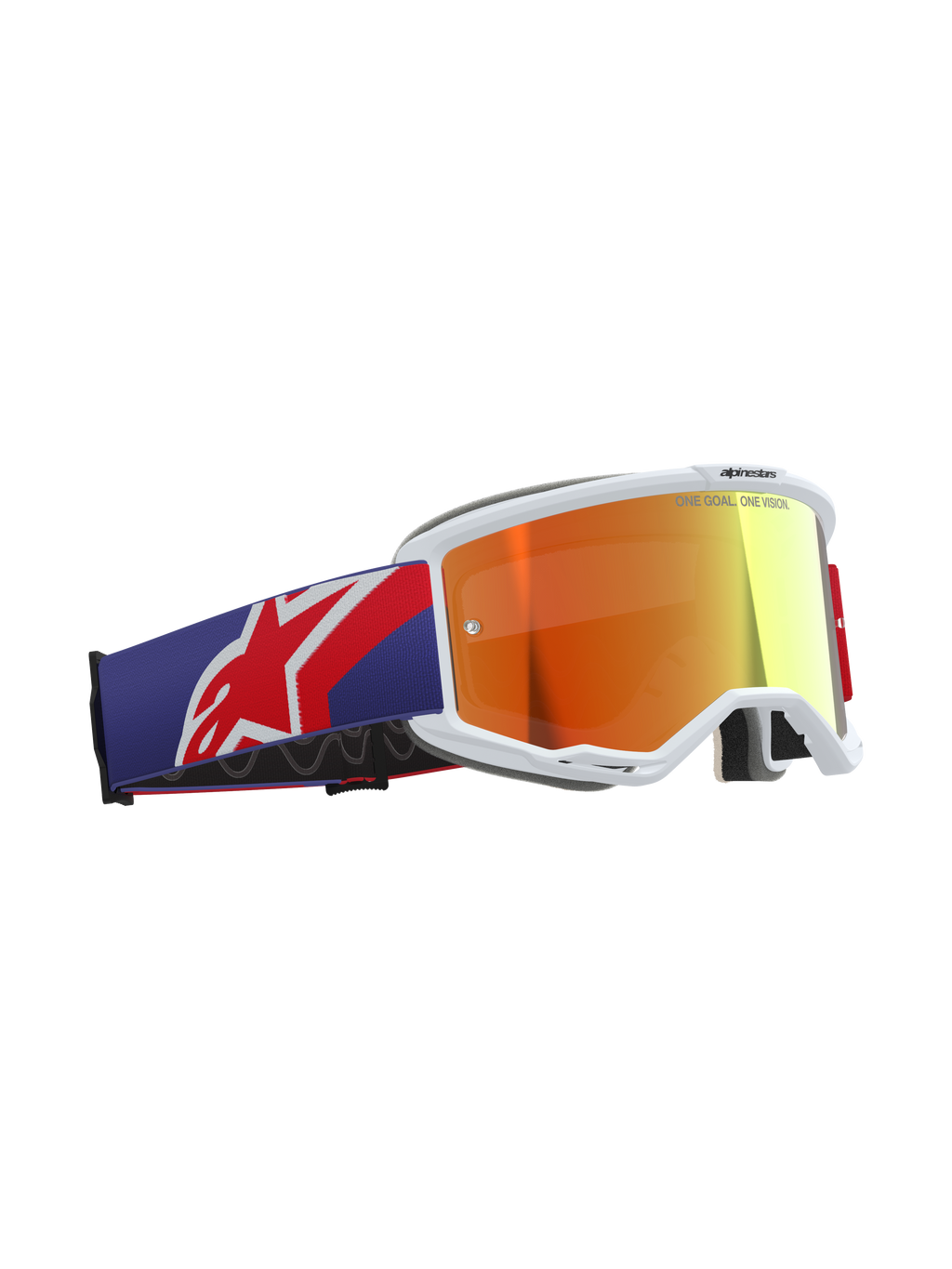 Alpinestars Vision 5 Corp Goggles, motocrossglasögon, röd och lila färgställning med Purple Mirror Red-lins, vit A-FLEX-uretanram, tjockt flerstegs-ansiktsskum, bred justerbar rem med röd och vit Alpinestars-logotyp, professionella skyddsglasögon för terrängkörning.