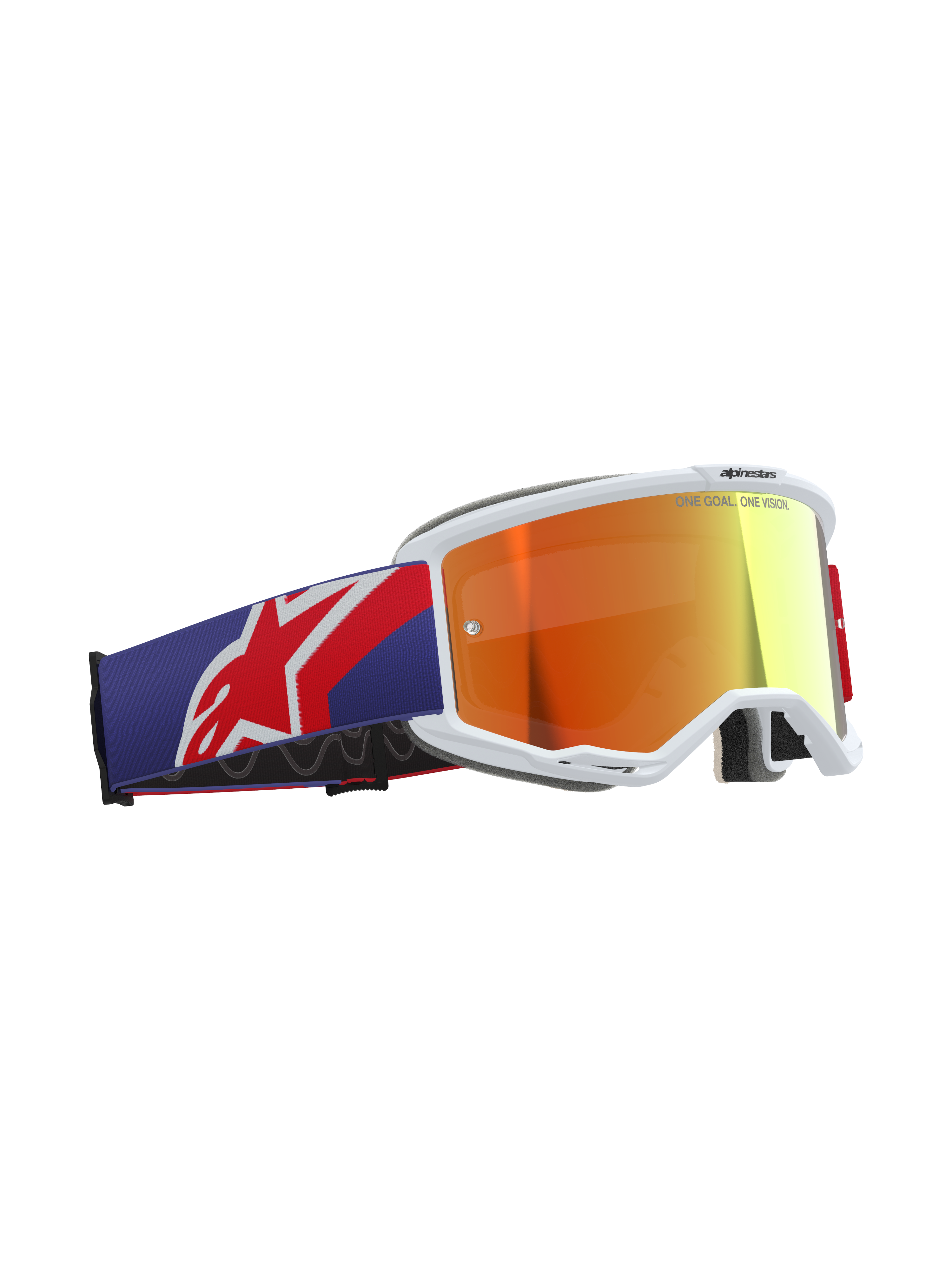 Alpinestars Vision 5 Corp Goggles, motocrossglasögon, röd och lila färgställning med Purple Mirror Red-lins, vit A-FLEX-uretanram, tjockt flerstegs-ansiktsskum, bred justerbar rem med röd och vit Alpinestars-logotyp, professionella skyddsglasögon för terrängkörning.