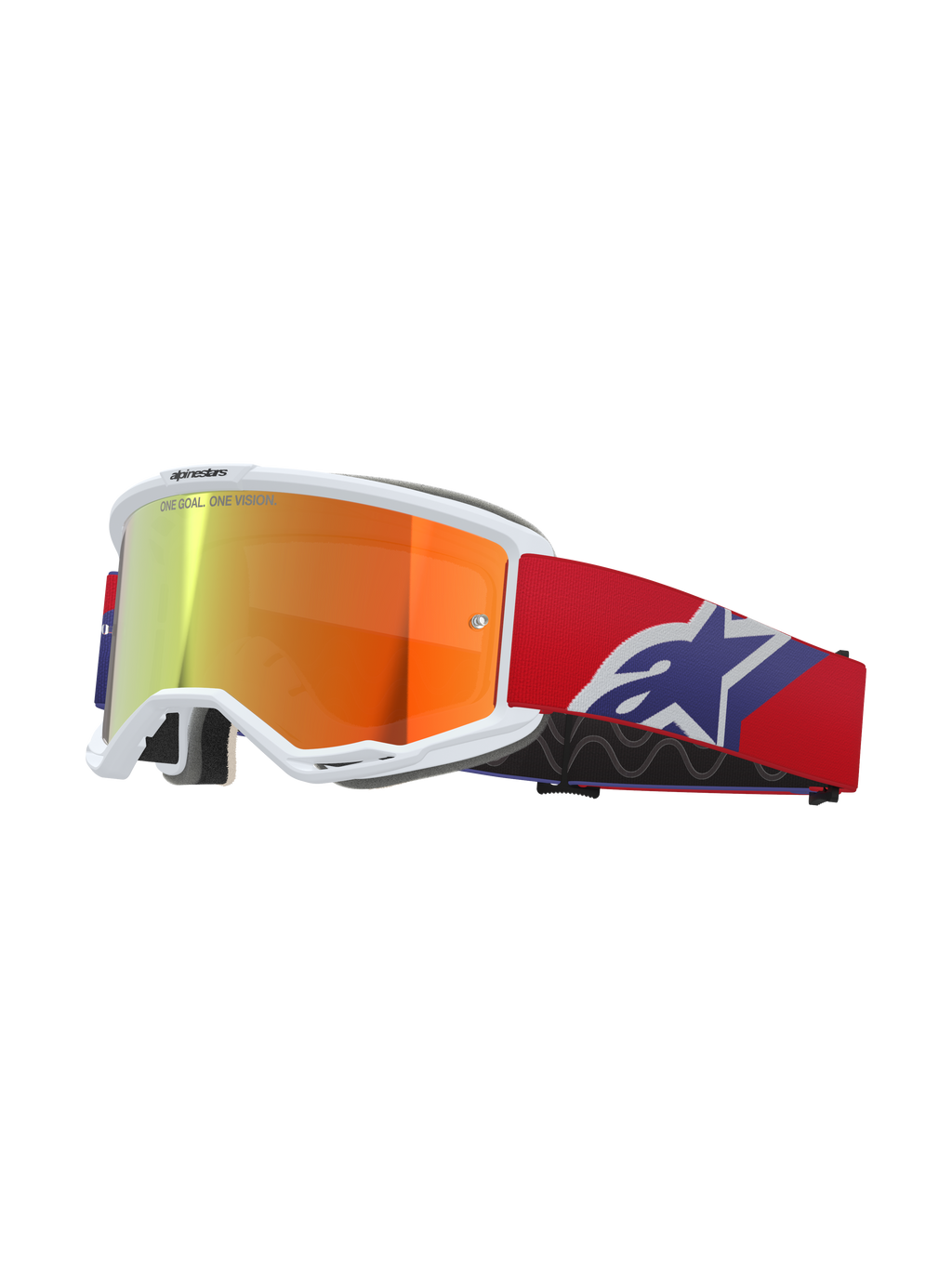 Alpinestars Vision 5 Corp skyddsglasögon, vit ram med reflekterande orange och lila spegelglas, 'ONE GOAL. ONE VISION.'-märkning, röd rem med blå och vit stjärnlogotyp, motocrossglasögon för racing