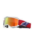 Alpinestars Vision 5 Corp skyddsglasögon, vit ram med reflekterande orange och lila spegelglas, 'ONE GOAL. ONE VISION.'-märkning, röd rem med blå och vit stjärnlogotyp, motocrossglasögon för racing