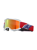 Alpinestars Vision 5 Corp skyddsglasögon, vit ram med reflekterande orange och lila spegelglas, 'ONE GOAL. ONE VISION.'-märkning, röd rem med blå och vit stjärnlogotyp, motocrossglasögon för racing