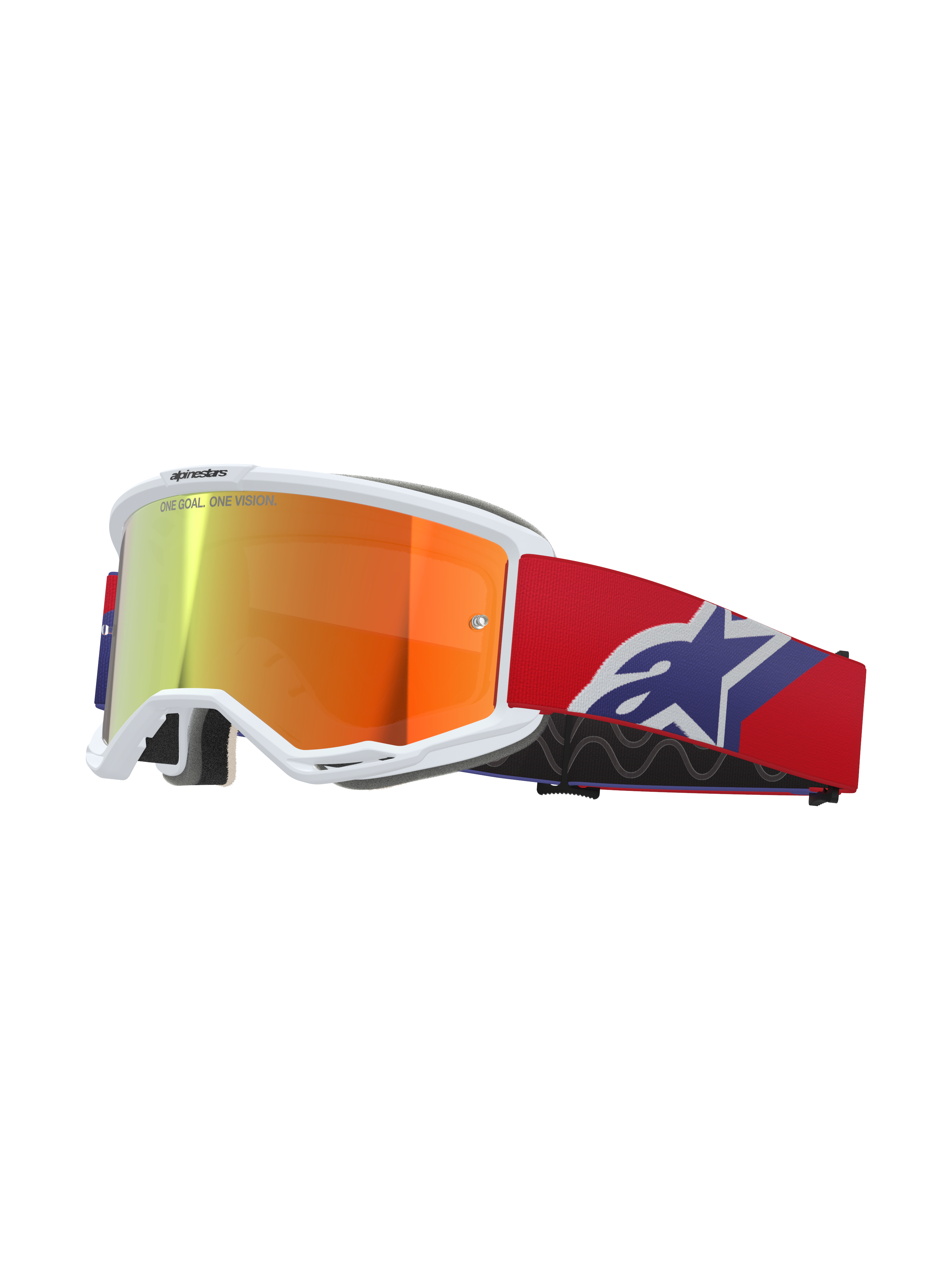 Alpinestars Vision 5 Corp skyddsglasögon, vit ram med reflekterande orange och lila spegelglas, 'ONE GOAL. ONE VISION.'-märkning, röd rem med blå och vit stjärnlogotyp, motocrossglasögon för racing
