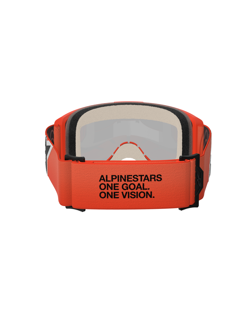 Alpinestars Vision 5 Corp Goggles, vy bakifrån som visar den orange vävda remmen med svart "ALPINESTARS ONE GOAL. ONE VISION."-text, flerlagers ansiktsskum, orange ram, professionella motocrossglasögon