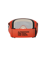 Alpinestars Vision 5 Corp Goggles, vy bakifrån som visar den orange vävda remmen med svart "ALPINESTARS ONE GOAL. ONE VISION."-text, flerlagers ansiktsskum, orange ram, professionella motocrossglasögon