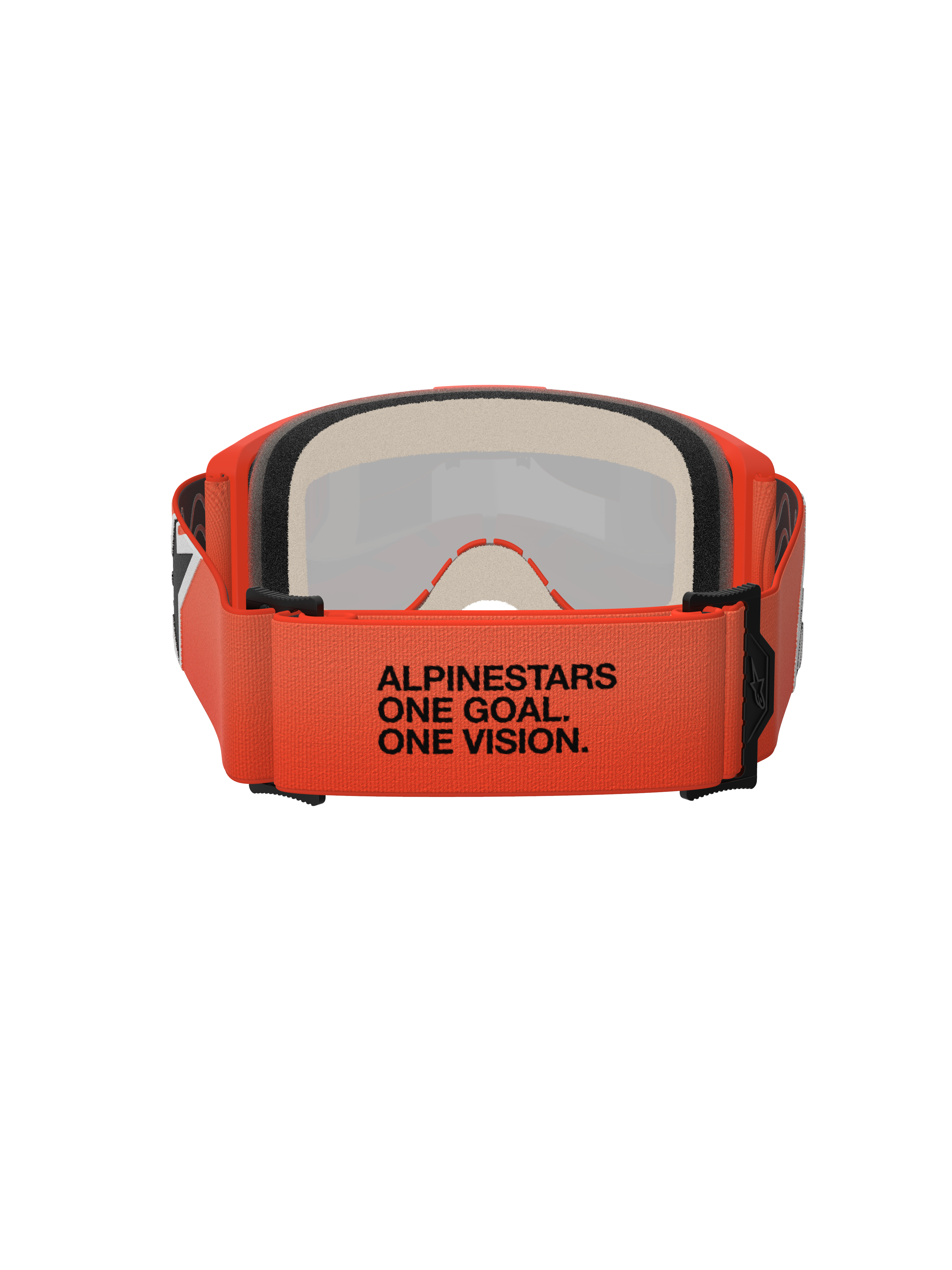 Alpinestars Vision 5 Corp Goggles, vy bakifrån som visar den orange vävda remmen med svart "ALPINESTARS ONE GOAL. ONE VISION."-text, flerlagers ansiktsskum, orange ram, professionella motocrossglasögon