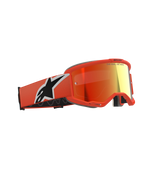Alpinestars Vision 5 Corp Goggles, motocrossglasögon, orange med röd spegellins, klarorange ram och rem med en stor vit och svart Astars-logotyp, speglad röd-orange lins med text upptill, professionella skyddsglasögon för terrängkörning