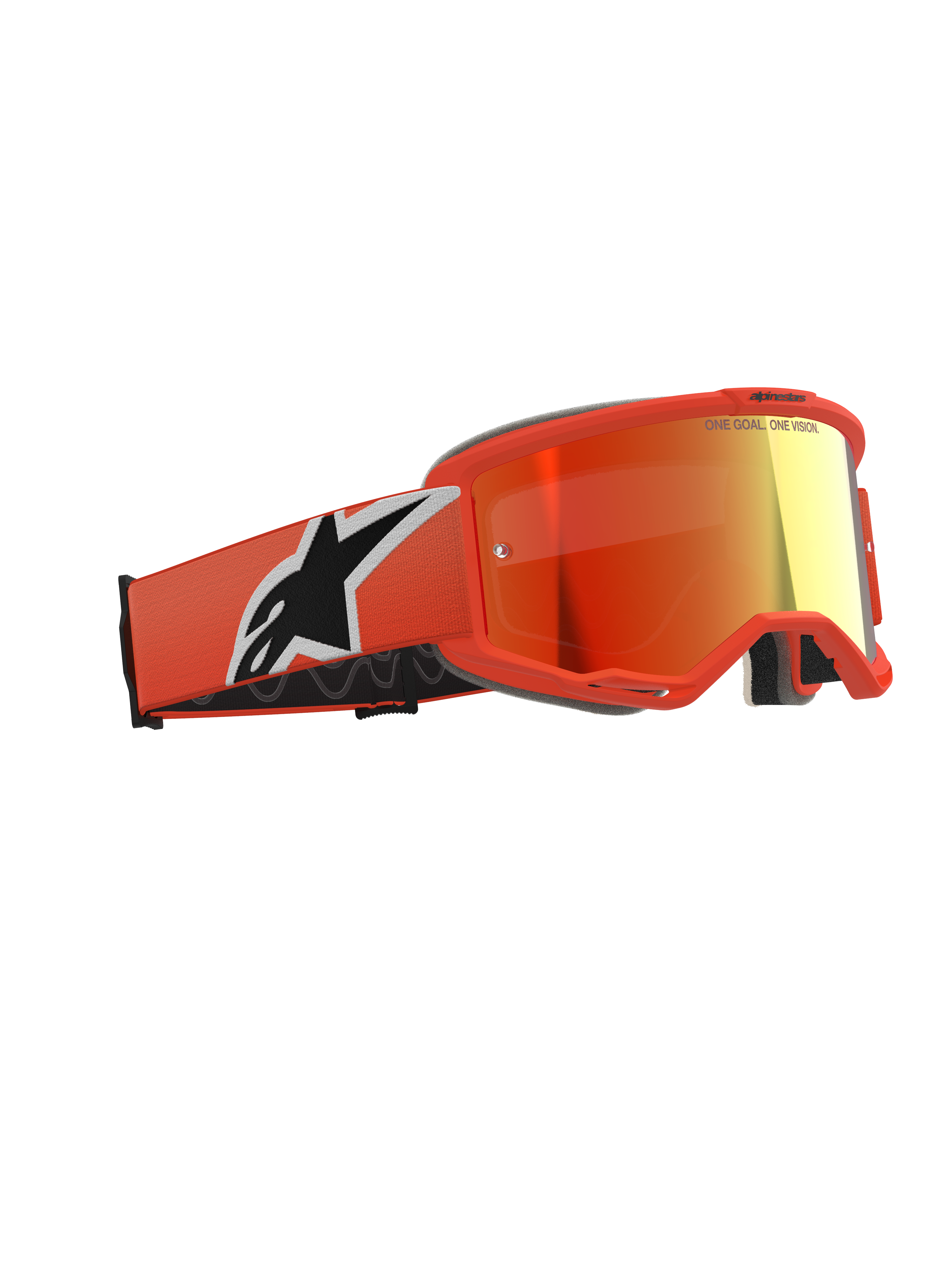 Alpinestars Vision 5 Corp Goggles, motocrossglasögon, orange med röd spegellins, klarorange ram och rem med en stor vit och svart Astars-logotyp, speglad röd-orange lins med text upptill, professionella skyddsglasögon för terrängkörning