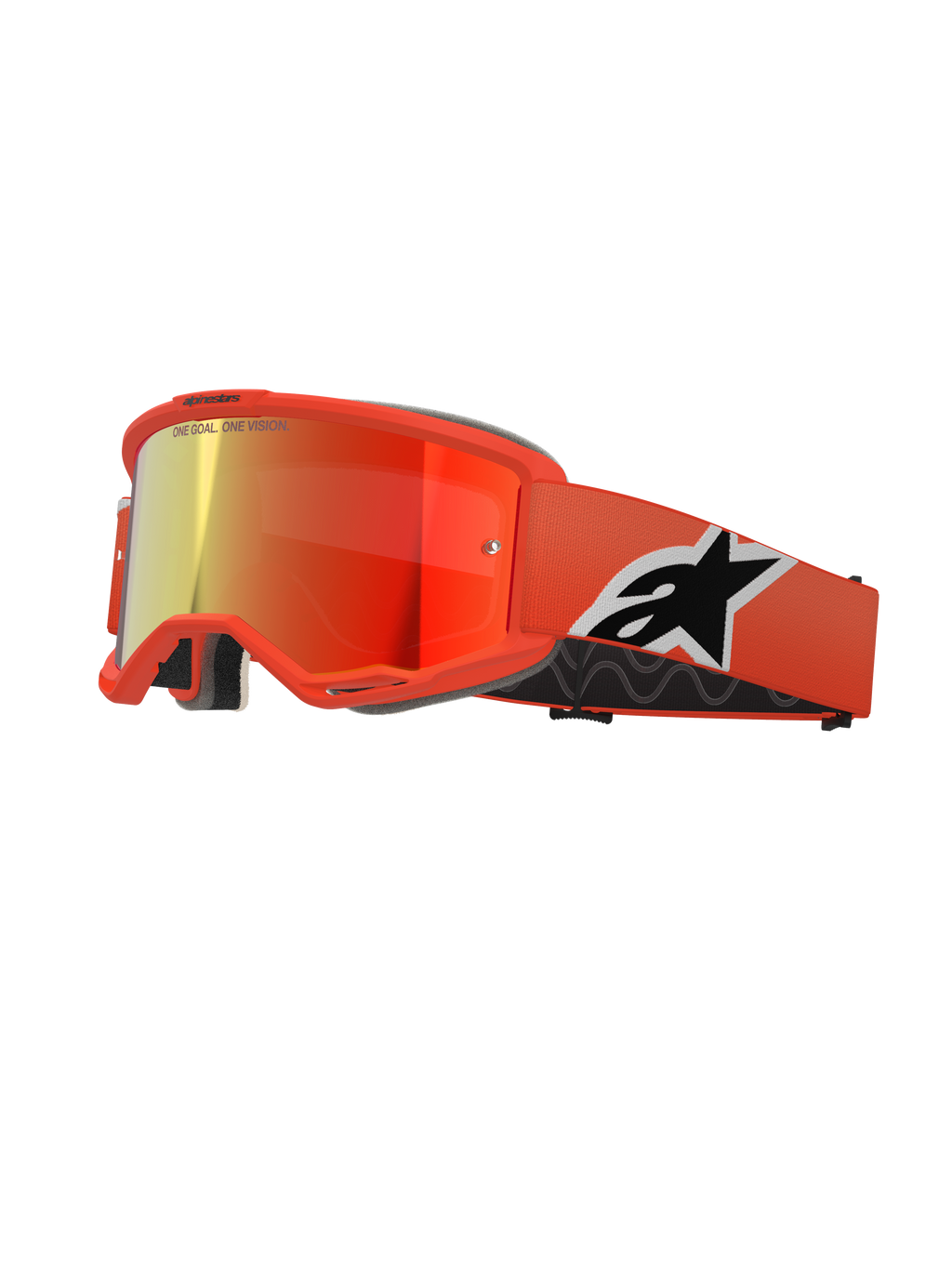 Alpinestars Vision 5 Corp Goggles, motocross MX-glasögon, orange ram med röd spegellins, brett orangefärgat band med en tydlig svartvit Astar-logotyp, 'ONE GOAL. ONE VISION.'-märkning på linsen och tjockt svart komfortskum.