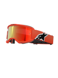 Alpinestars Vision 5 Corp Goggles, motocross MX-glasögon, orange ram med röd spegellins, brett orangefärgat band med en tydlig svartvit Astar-logotyp, 'ONE GOAL. ONE VISION.'-märkning på linsen och tjockt svart komfortskum.