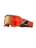 Alpinestars Vision 5 Corp Goggles, motocross MX-glasögon, orange ram med röd spegellins, brett orangefärgat band med en tydlig svartvit Astar-logotyp, 'ONE GOAL. ONE VISION.'-märkning på linsen och tjockt svart komfortskum.