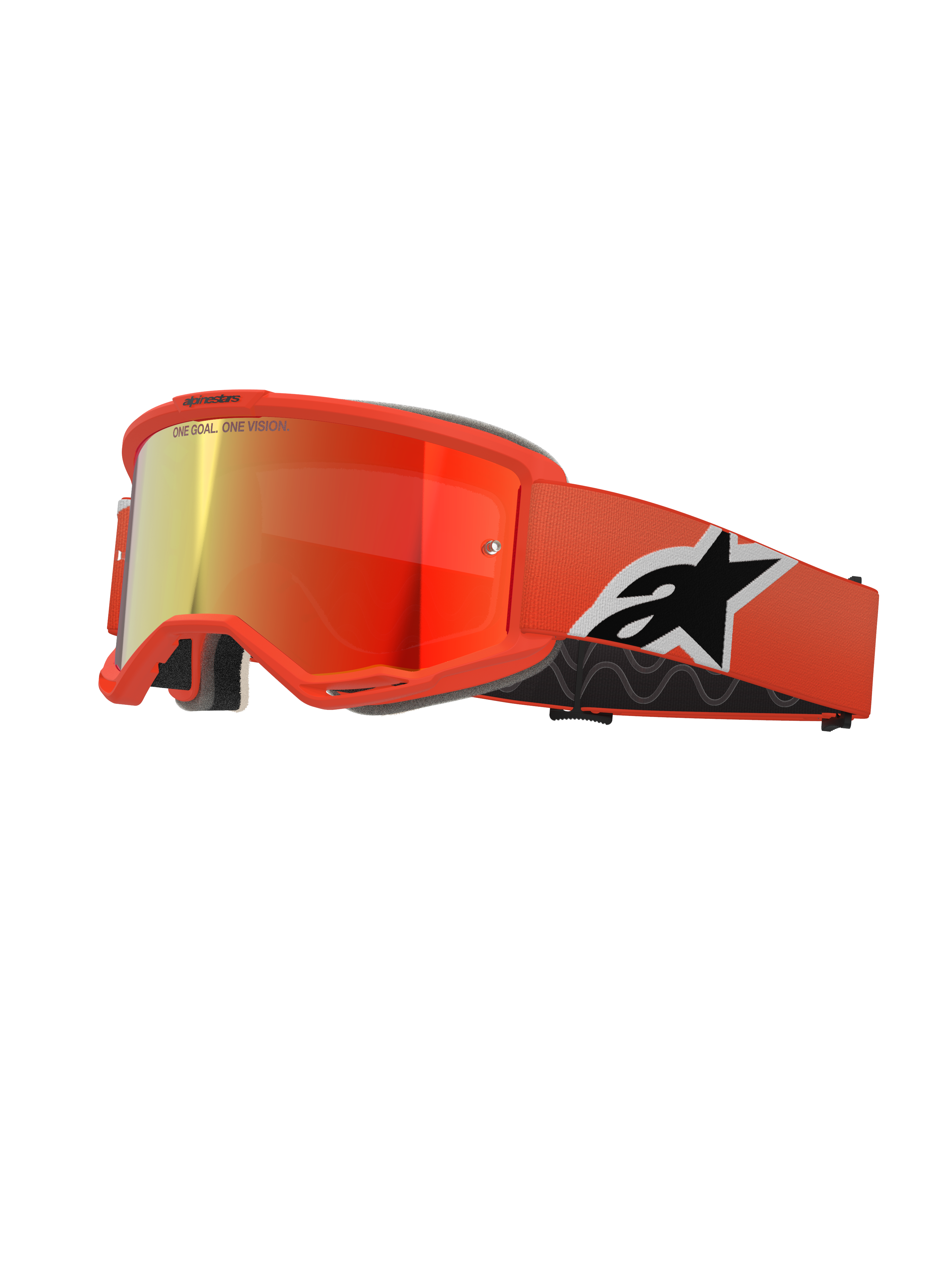 Alpinestars Vision 5 Corp Goggles, motocross MX-glasögon, orange ram med röd spegellins, brett orangefärgat band med en tydlig svartvit Astar-logotyp, 'ONE GOAL. ONE VISION.'-märkning på linsen och tjockt svart komfortskum.