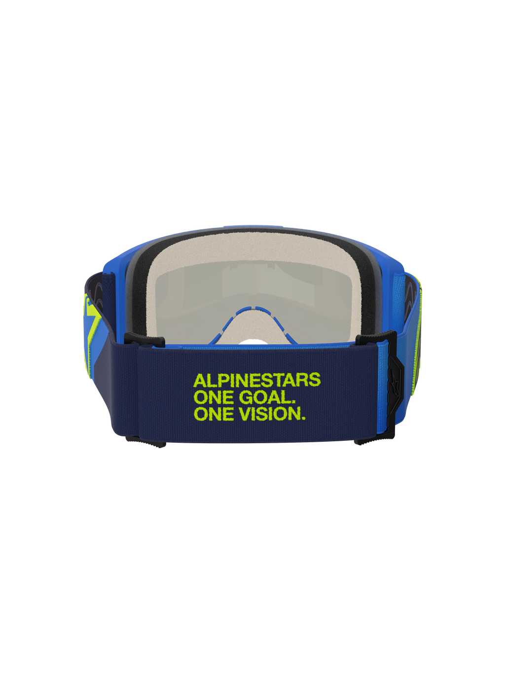 Alpinestars Vision 5 Corp Goggles, blå och gul fluo, vy bakifrån som visar mörkblått band med limegrön 'Alpinestars One Goal One Vision'-text, blå ram och flerstegs ansiktsskum, motocrossglasögon