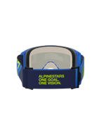 Alpinestars Vision 5 Corp Goggles, blå och gul fluo, vy bakifrån som visar mörkblått band med limegrön 'Alpinestars One Goal One Vision'-text, blå ram och flerstegs ansiktsskum, motocrossglasögon