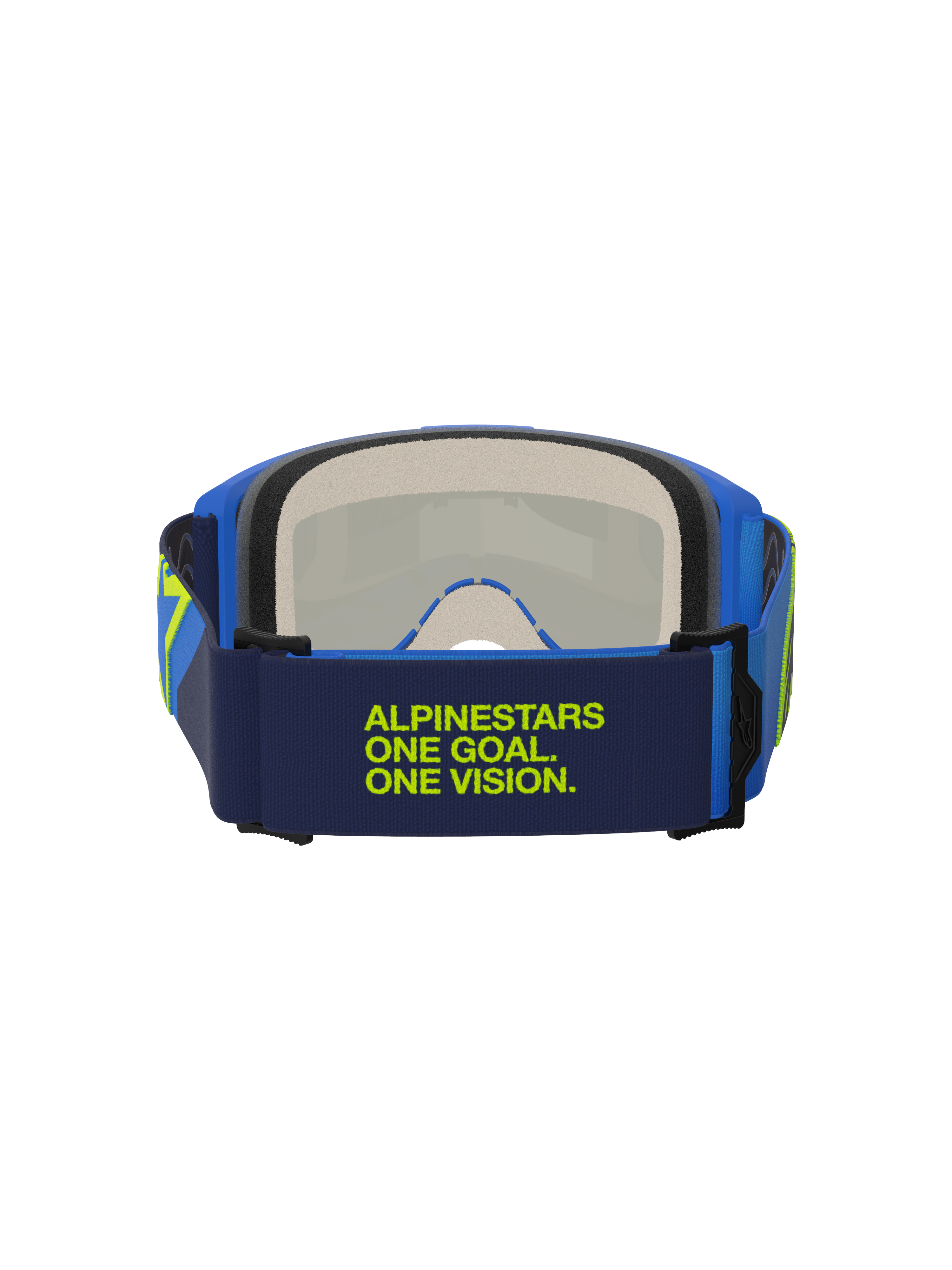 Alpinestars Vision 5 Corp Goggles, blå och gul fluo, vy bakifrån som visar mörkblått band med limegrön 'Alpinestars One Goal One Vision'-text, blå ram och flerstegs ansiktsskum, motocrossglasögon