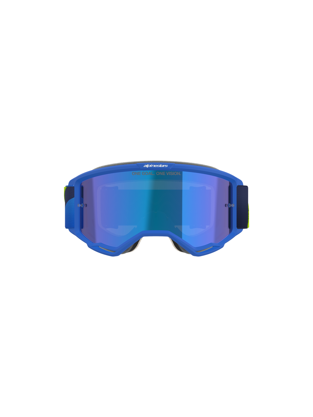 Alpinestars Vision 5 Corp Goggles, motocrossglasögon, blå och neongula, blå spegelglas med texten 'ONE GOAL. ONE VISION.', vy framifrån, ultraflexibel A-FLEX-uretanram, skyddsglasögon för terrängkörning