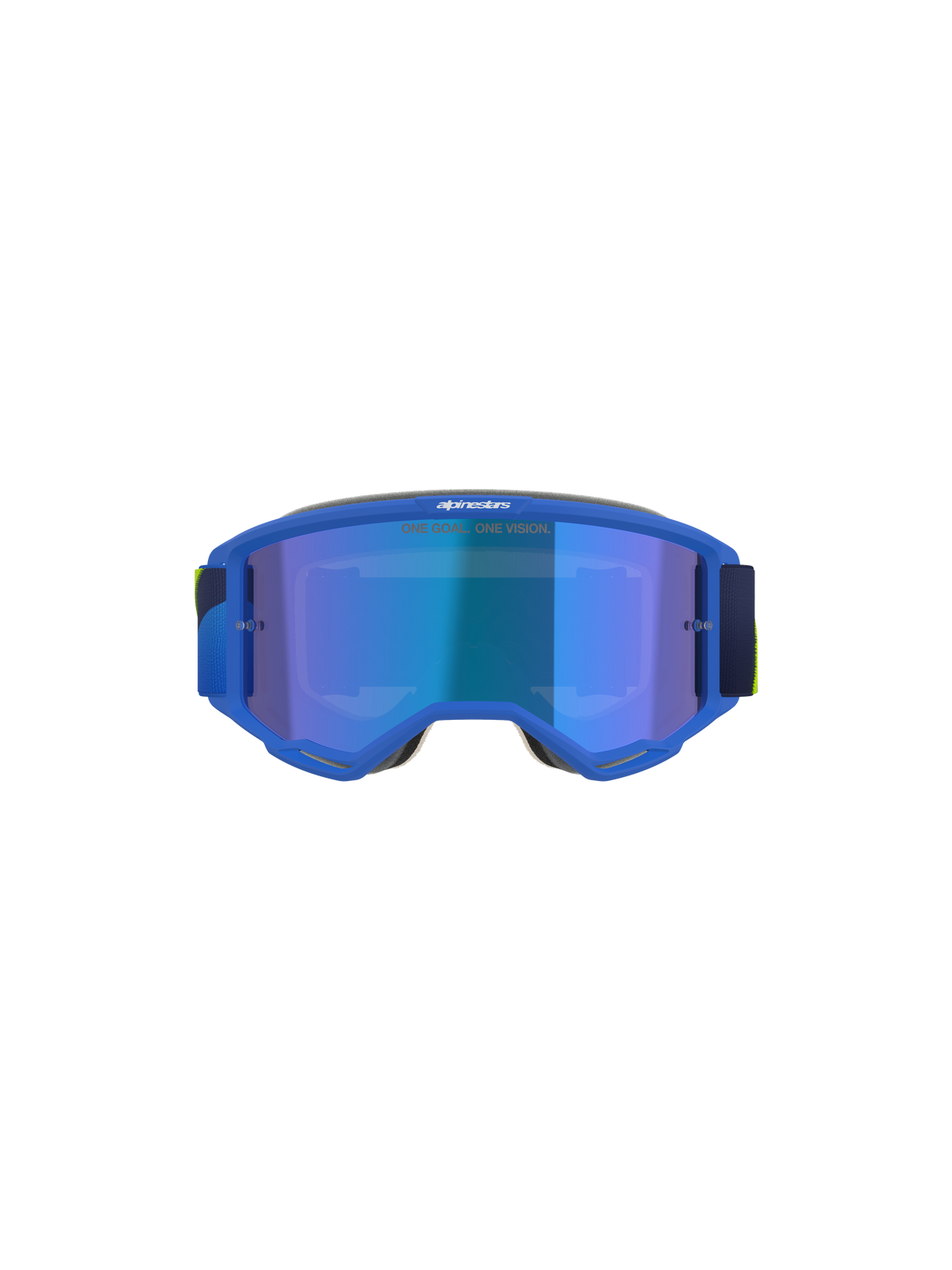 Alpinestars Vision 5 Corp Goggles, motocrossglasögon, blå och neongula, blå spegelglas med texten 'ONE GOAL. ONE VISION.', vy framifrån, ultraflexibel A-FLEX-uretanram, skyddsglasögon för terrängkörning