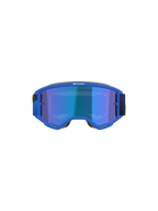 Alpinestars Vision 5 Corp Goggles, motocrossglasögon, blå och neongula, blå spegelglas med texten 'ONE GOAL. ONE VISION.', vy framifrån, ultraflexibel A-FLEX-uretanram, skyddsglasögon för terrängkörning