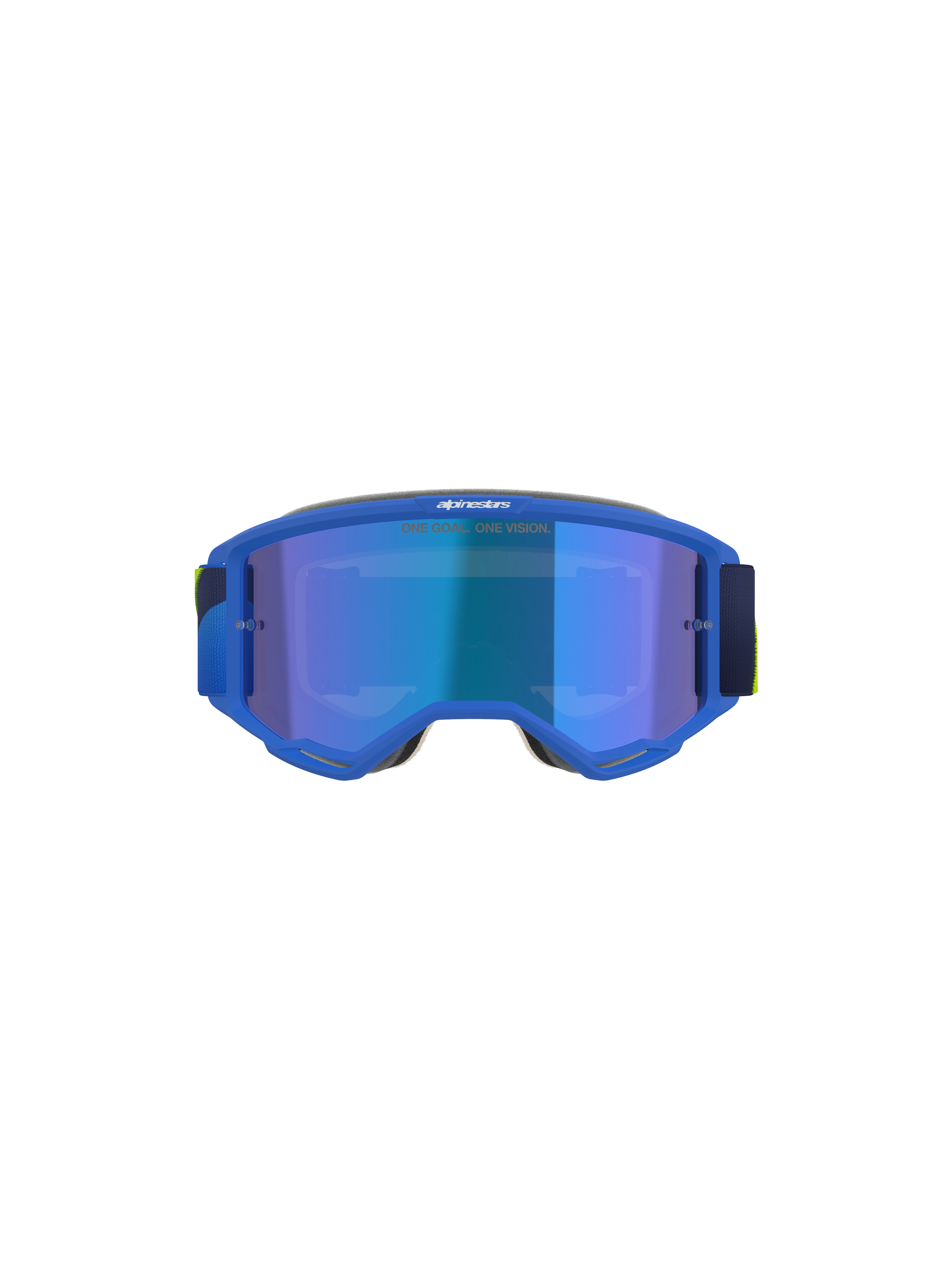 Alpinestars Vision 5 Corp Goggles, motocrossglasögon, blå och neongula, blå spegelglas med texten 'ONE GOAL. ONE VISION.', vy framifrån, ultraflexibel A-FLEX-uretanram, skyddsglasögon för terrängkörning