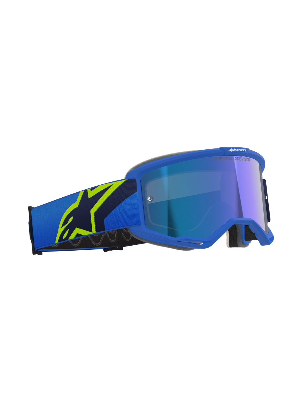 Alpinestars Vision 5 Corp Goggles, motocrossglasögon, blå och neongula med Mirror Blue-lins, blått band med en stor neongul stjärnlogotyp, texten 'ONE GOAL. ONE VISION.' på linsen, professionellt ögonskydd för terrängkörning