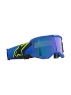 Alpinestars Vision 5 Corp Goggles, motocrossglasögon, blå och neongula med Mirror Blue-lins, blått band med en stor neongul stjärnlogotyp, texten 'ONE GOAL. ONE VISION.' på linsen, professionellt ögonskydd för terrängkörning