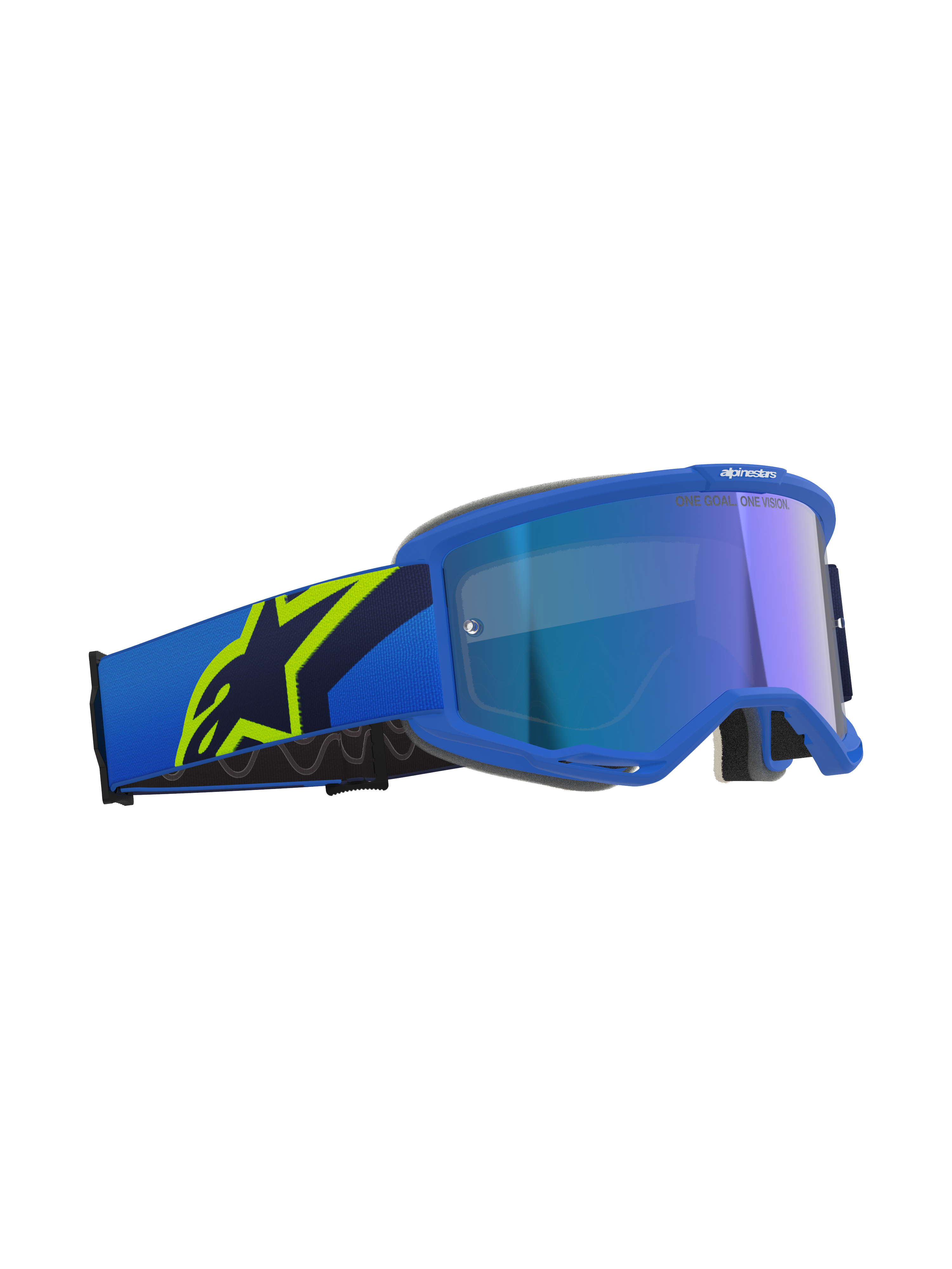Alpinestars Vision 5 Corp Goggles, motocrossglasögon, blå och neongula med Mirror Blue-lins, blått band med en stor neongul stjärnlogotyp, texten 'ONE GOAL. ONE VISION.' på linsen, professionellt ögonskydd för terrängkörning