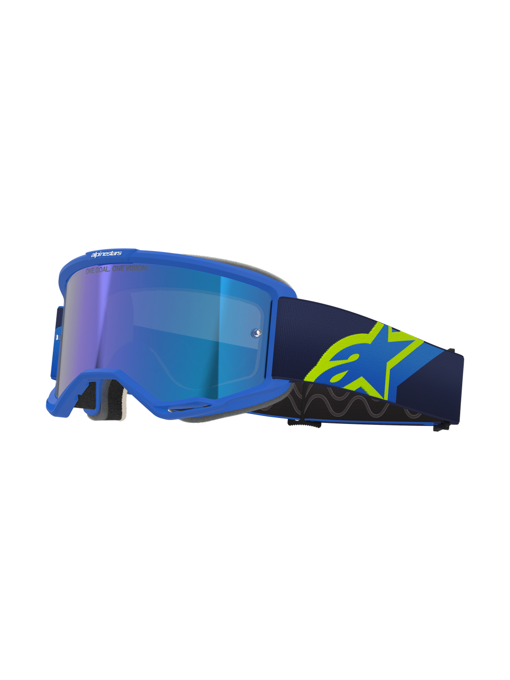Alpinestars Vision 5 Corp goggles, motocrossglasögon, blå ram med spegelblå lins, marinblå rem med stor neongul A-star-logotyp, profilvy som visar ventilerad ram och grått ansiktsskum, 'ONE GOAL. ONE VISION.'-branding