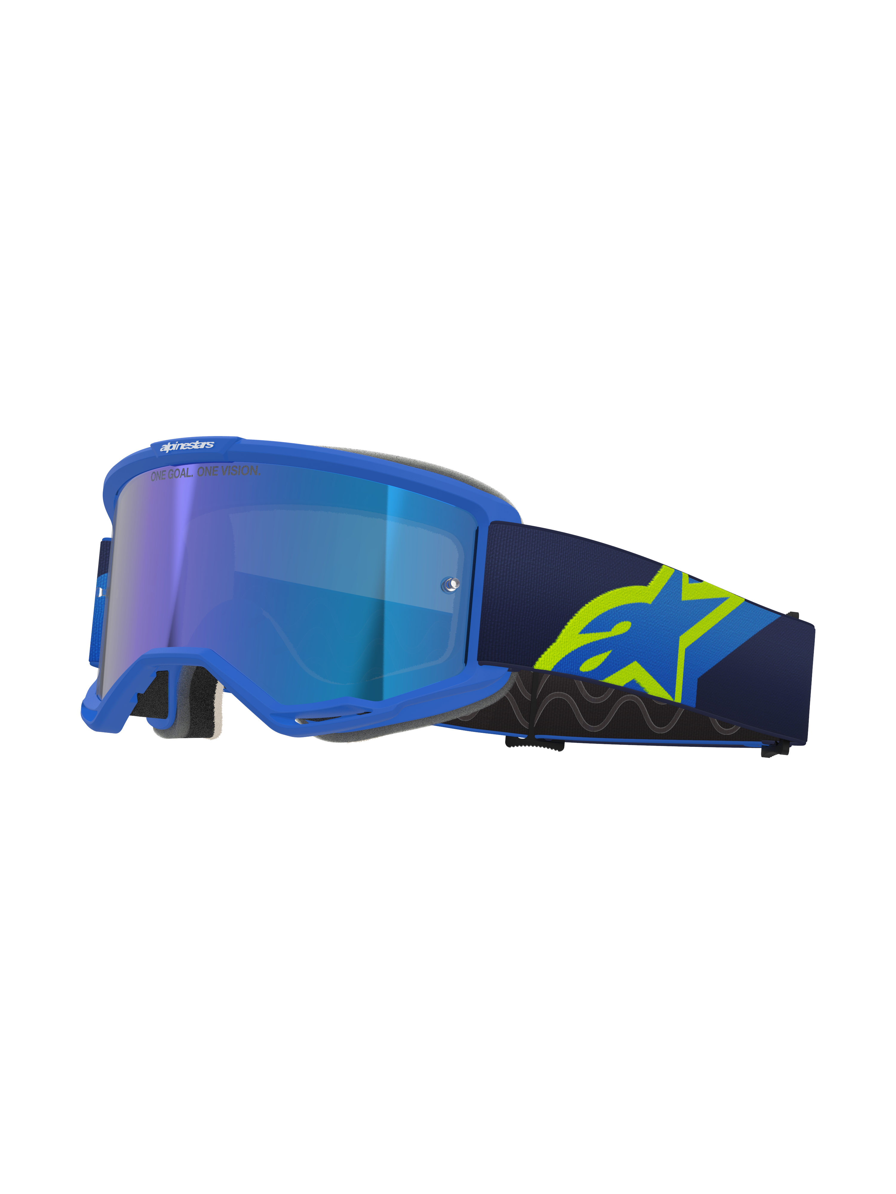 Alpinestars Vision 5 Corp goggles, motocrossglasögon, blå ram med spegelblå lins, marinblå rem med stor neongul A-star-logotyp, profilvy som visar ventilerad ram och grått ansiktsskum, 'ONE GOAL. ONE VISION.'-branding