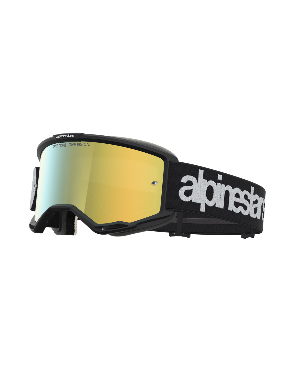 Alpinestars Vision 5 Hone Motocross Goggles with black A-FLEX frame, mirror gold lens, and white logo on a black strap.