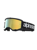 Alpinestars Vision 5 Hone goggles, svarta motocross-goggles för terrängkörning med guldspegellins och vit logotyp på remmen.