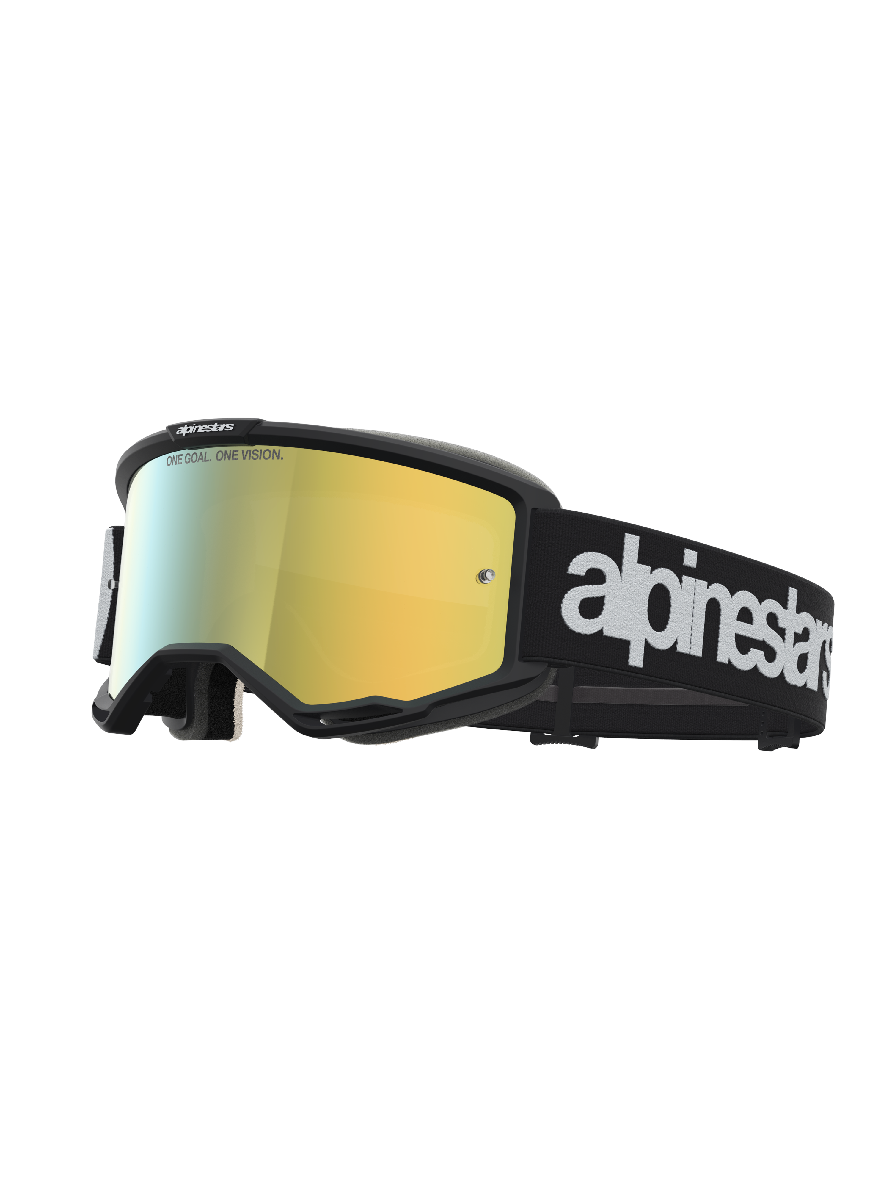 Alpinestars Vision 5 Hone goggles, svarta motocross-goggles för terrängkörning med guldspegellins och vit logotyp på remmen.