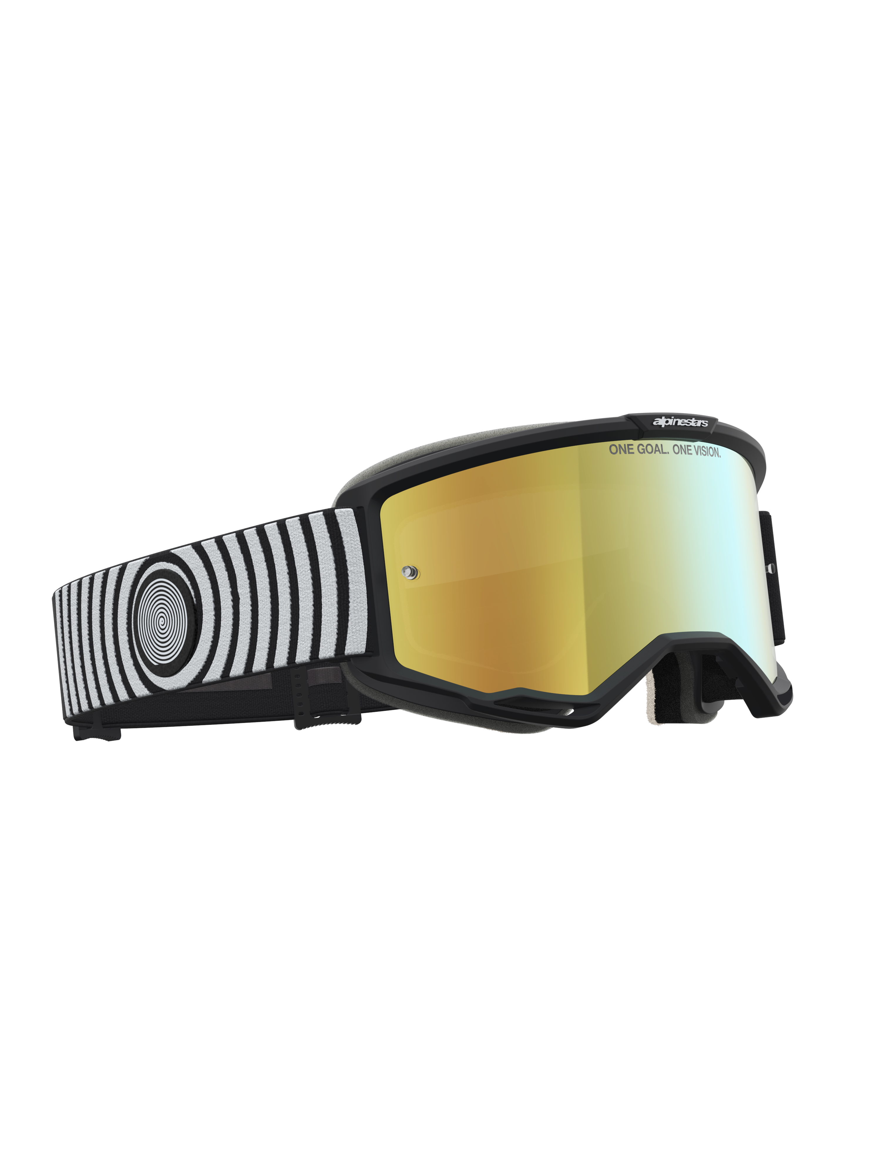 Alpinestars Vision 5 Hone goggles, svarta och vita motocrossgoggles med guldspegellins och flexibel A-FLEX-ram