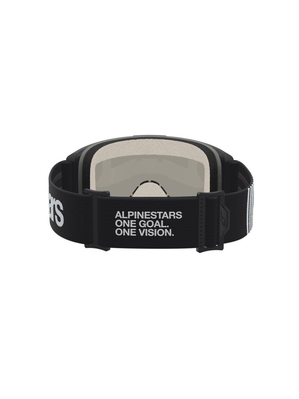 Alpinestars Vision 5 Hone goggles, svarta och vita motocrossgoggles med text på elastiskt band och mjukt ansiktsskum.