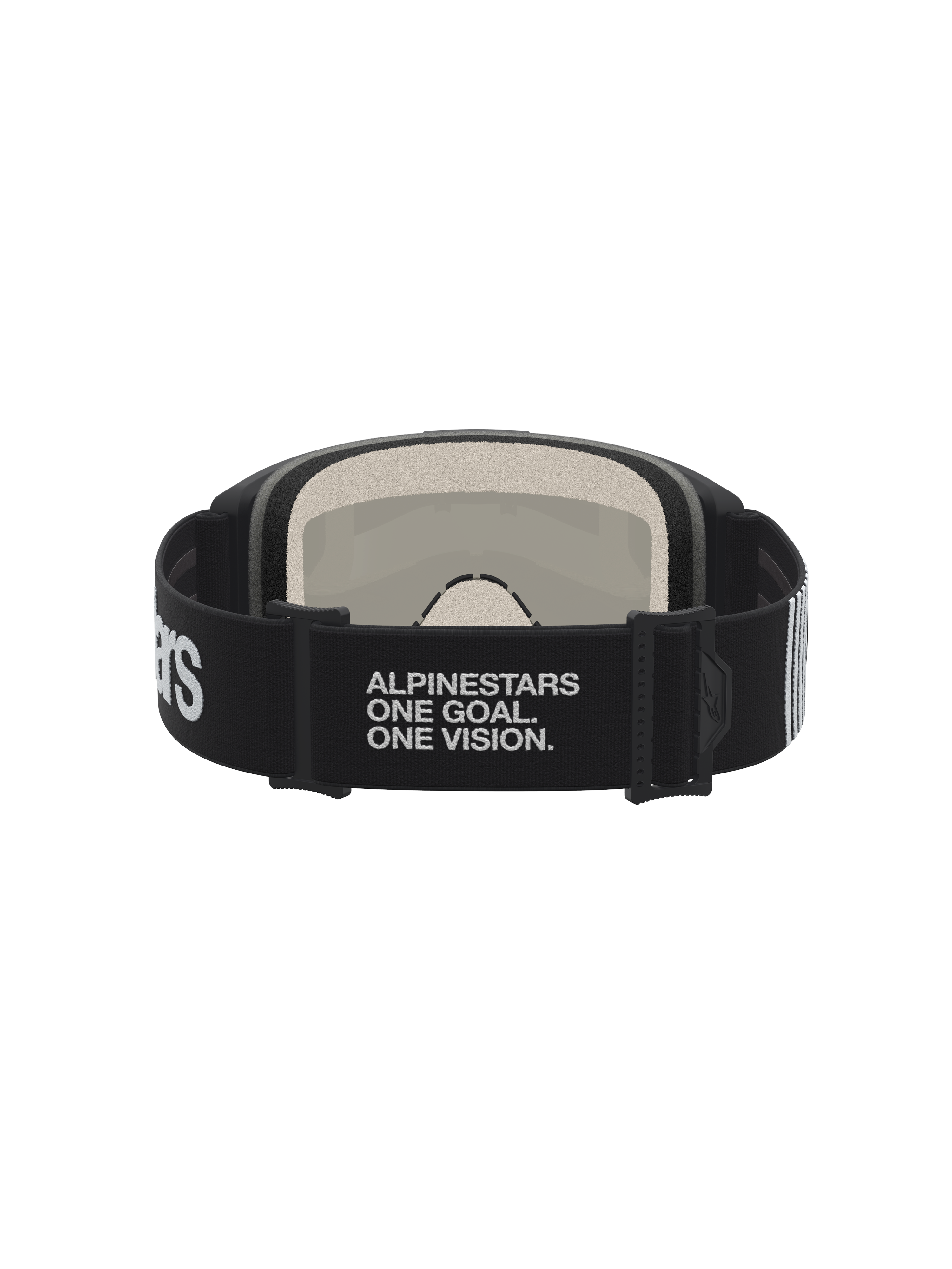 Alpinestars Vision 5 Hone goggles, svarta och vita motocrossgoggles med text på elastiskt band och mjukt ansiktsskum.