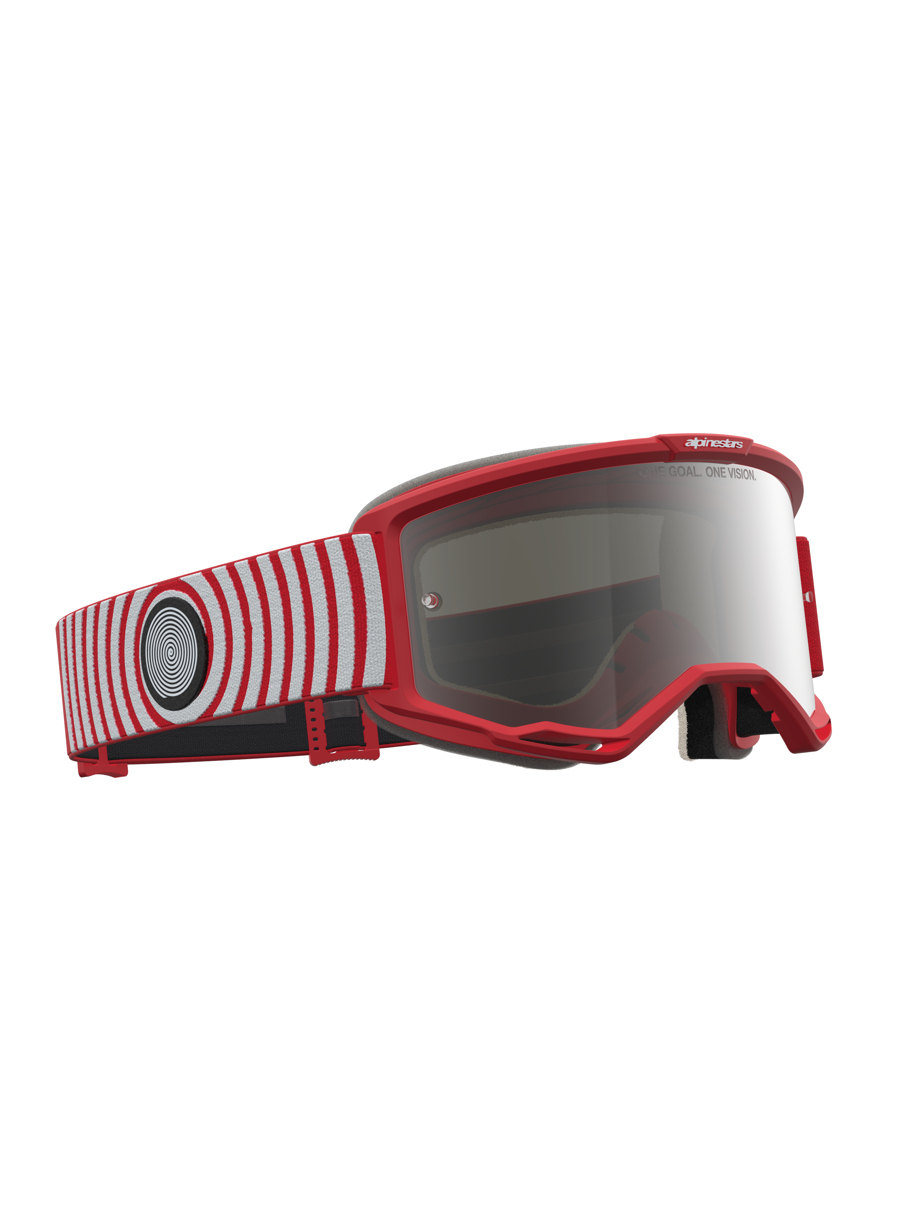 Alpinestars Vision 5 Hone Motocross Goggles, red and white with a mirror silver lens and flexible A-FLEX frame.