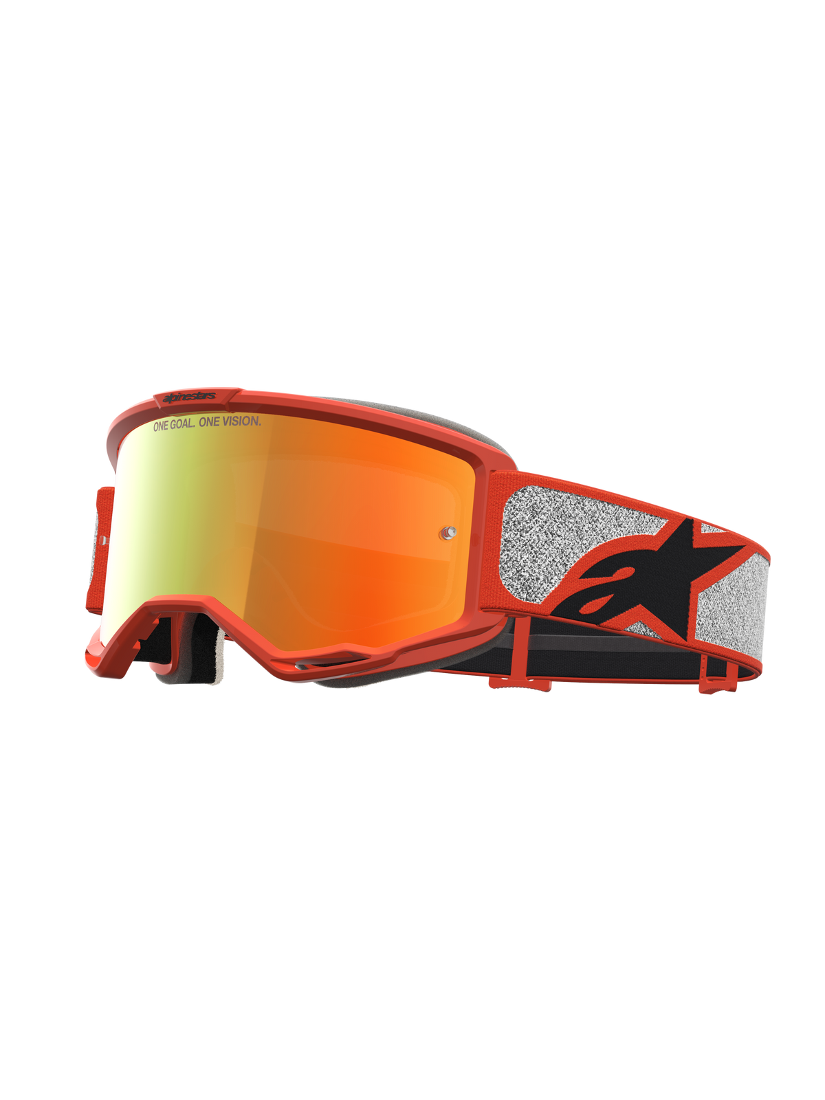 Alpinestars Vision 5 Rora goggles, motocrossgoggles för terrängkörning, orange och silver med röd spegellins, flexibel A-FLEX-ram och bred rem med svart Astars-logotyp.