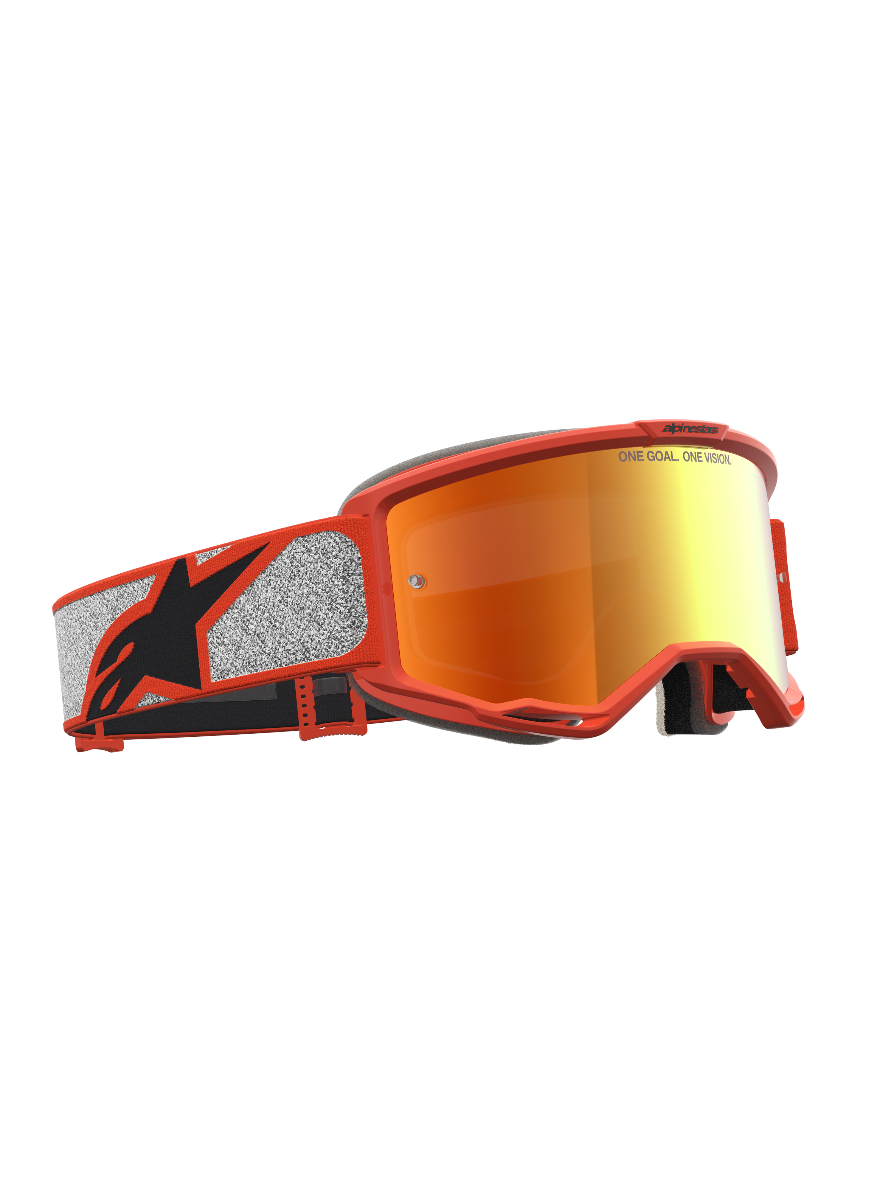 Alpinestars Vision 5 Rora goggles, motocrossgoggles i orange och silver med röd spegellins, flexibel A-FLEX-ram och RAM-AIR-ventilation för terrängkörning.