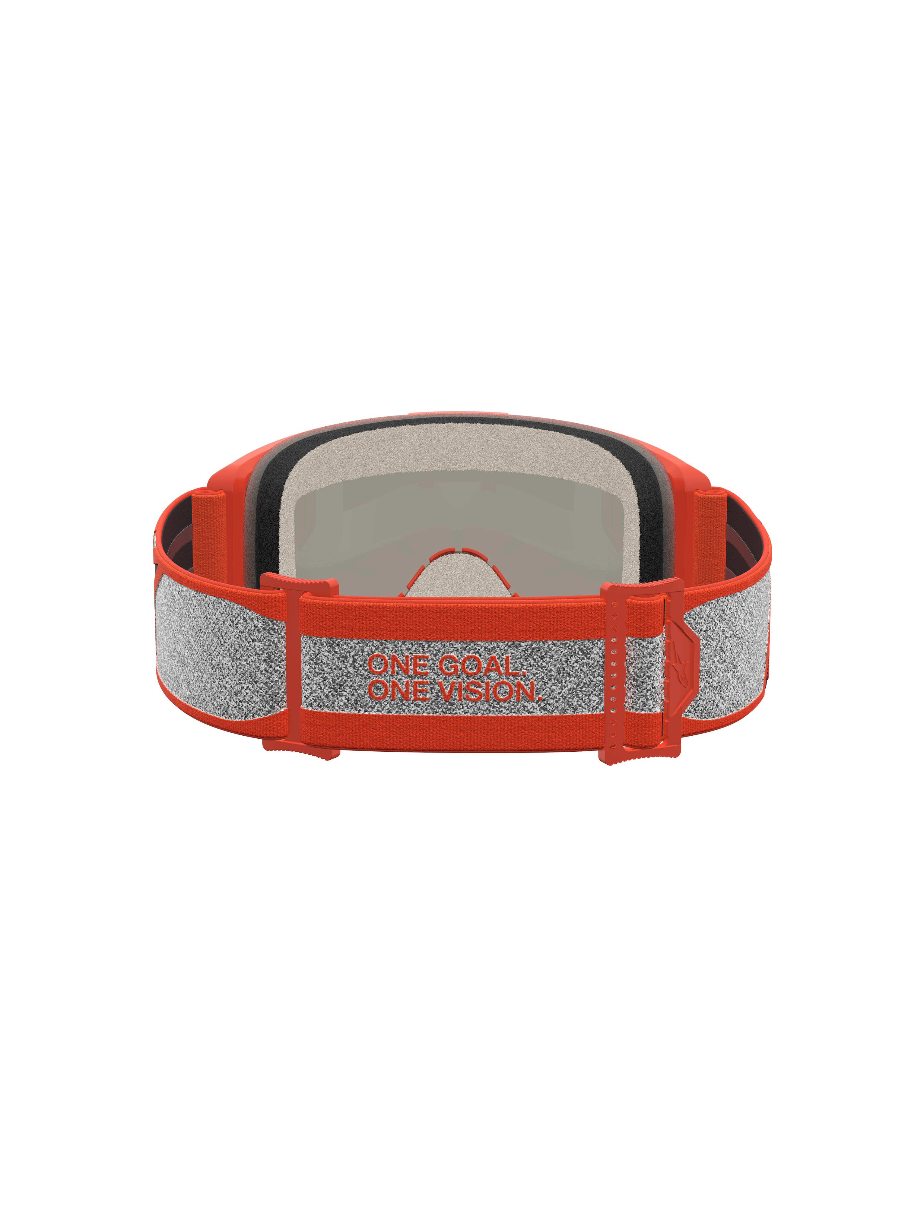 Alpinestars Vision 5 Rora goggles, orange och silver motocrossgoggles, mjuk skumvaddering och motto 'One Goal. One Vision.' på bandet, vy bakifrån för terrängkörning