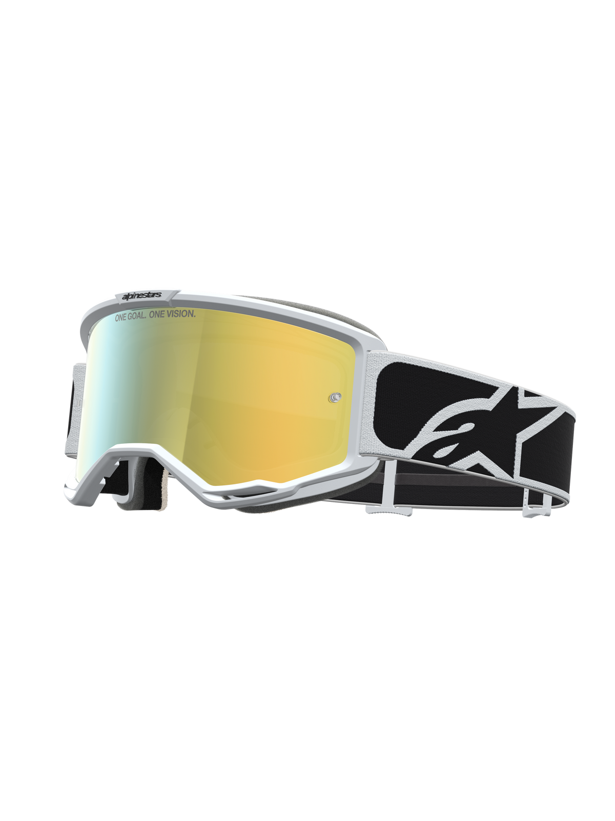 Alpinestars Vision 5 Rora motocrossgoggles med vit ram, guldspegellins och svart rem med logotyp för terrängkörning.