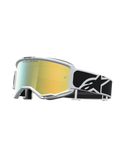 Alpinestars Vision 5 Rora motocrossgoggles med vit ram, guldspegellins och svart rem med logotyp för terrängkörning.