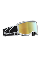 Alpinestars Vision 5 Rora Goggles, Motocross goggles with mirror gold lens, white frame, and black graphic strap.