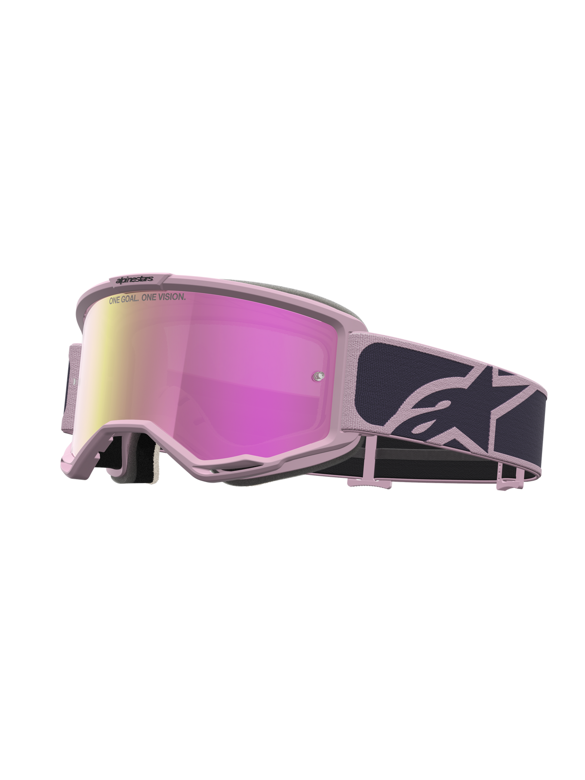 Alpinestars Vision 5 Rora motocrossgoggles i grått och rosa med rosa spegellins och smidig A-FLEX uretanram.