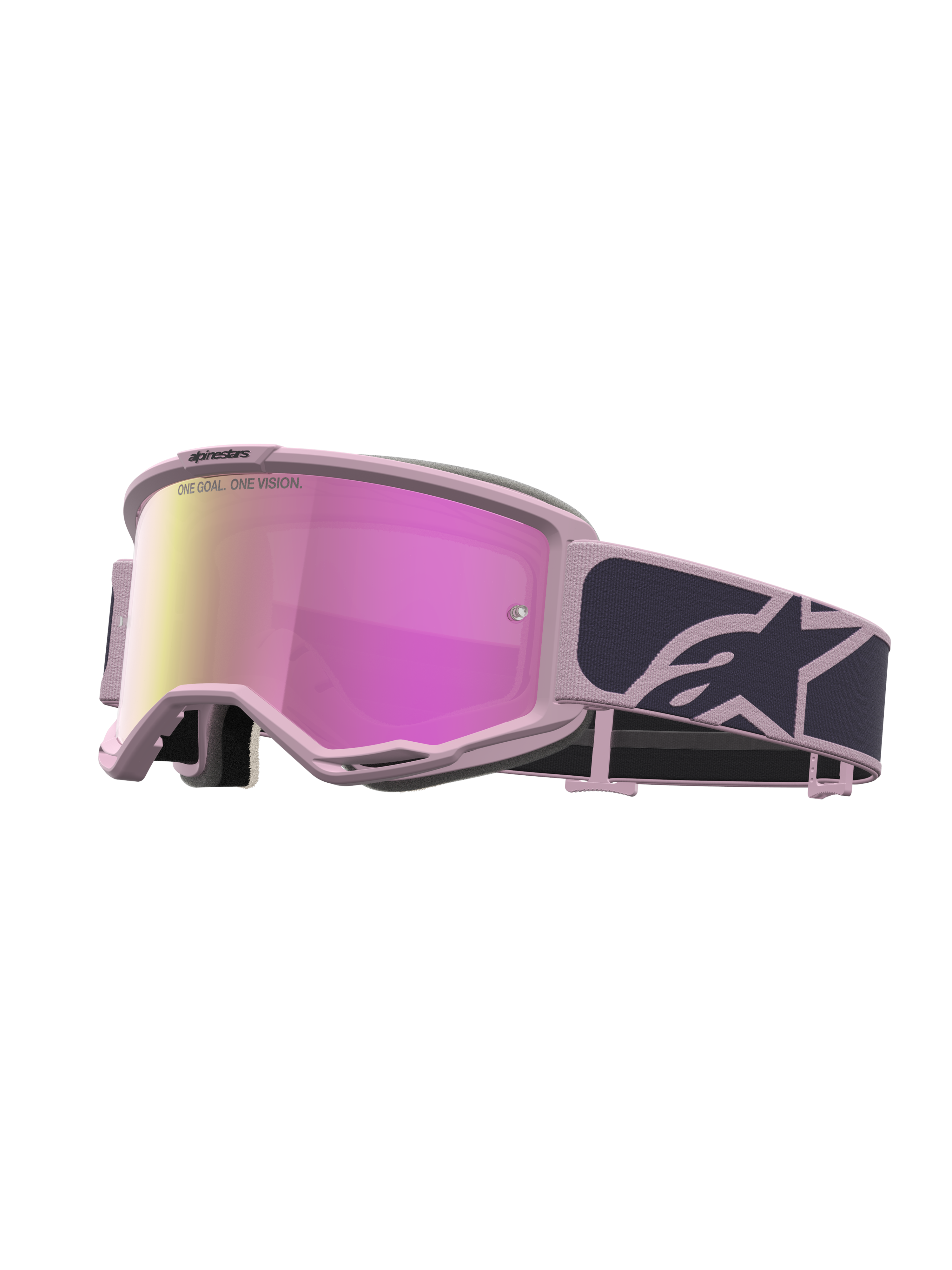 Alpinestars Vision 5 Rora motocrossgoggles i grått och rosa med rosa spegellins och smidig A-FLEX uretanram.
